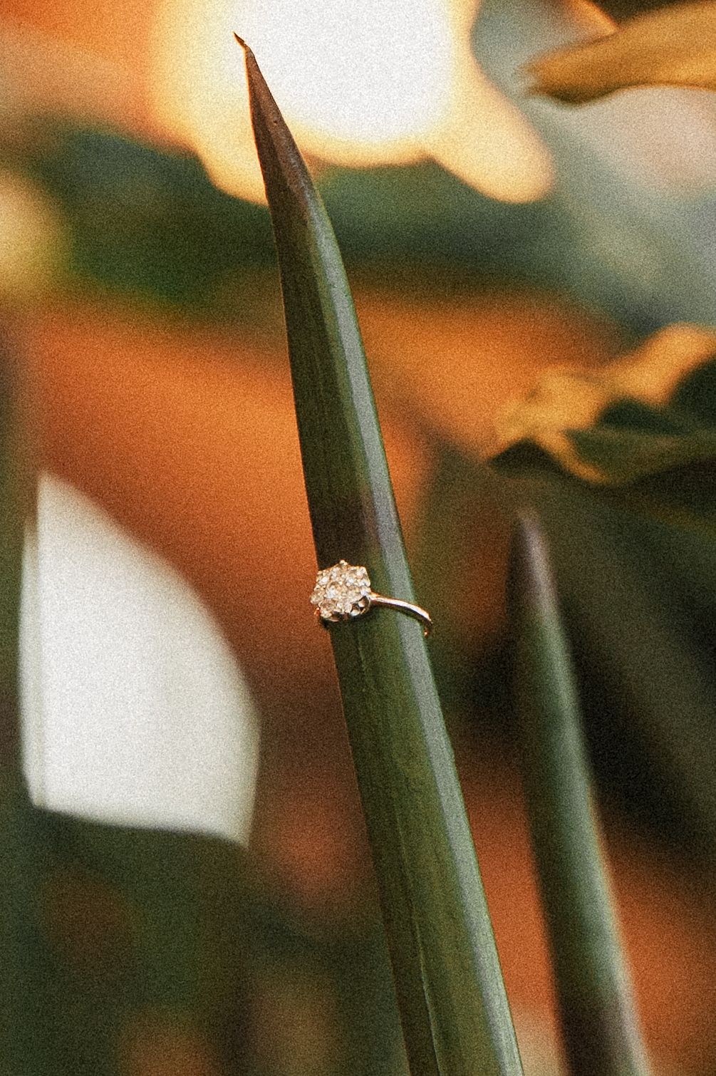 Delicate gold flower cluster ring balanced on a green leaf tip, surrounded by lush tropical foliage.