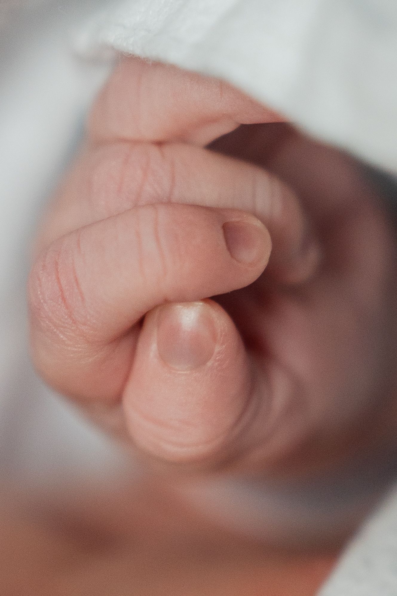 Close-up macro photography of tiny baby fingers in soft focus with blurred background and warm tones.