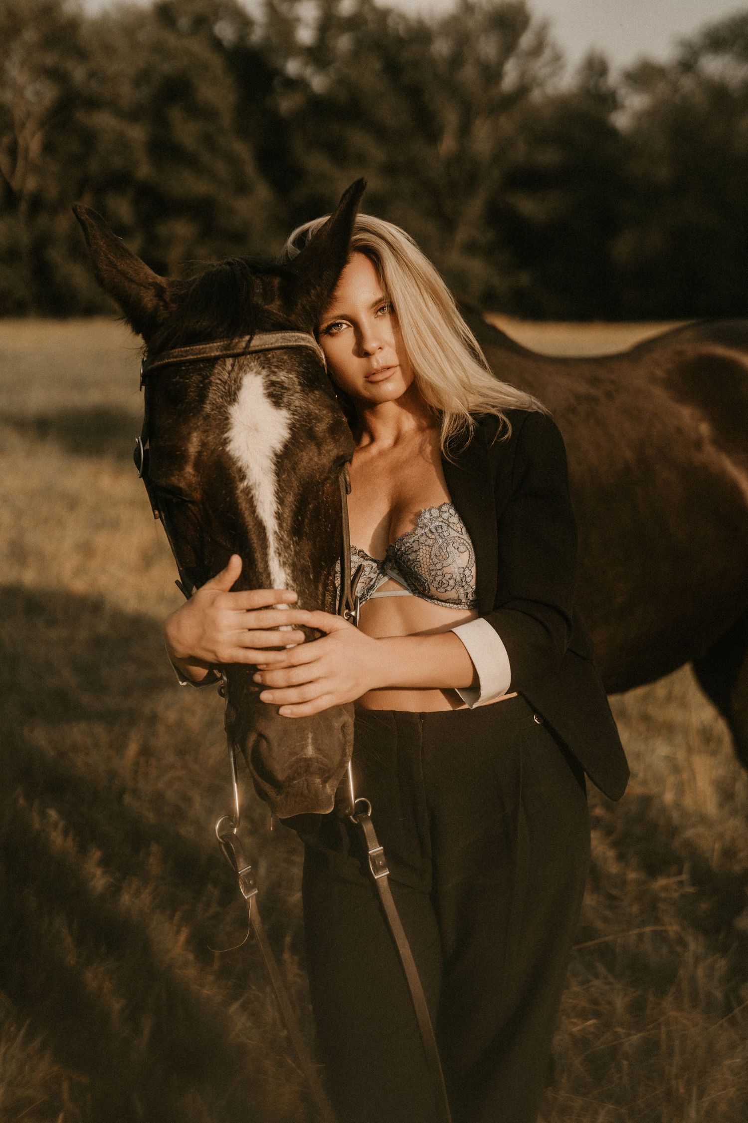 Blonde woman in black blazer and bra top embracing a dark horse in a golden sunlit field.