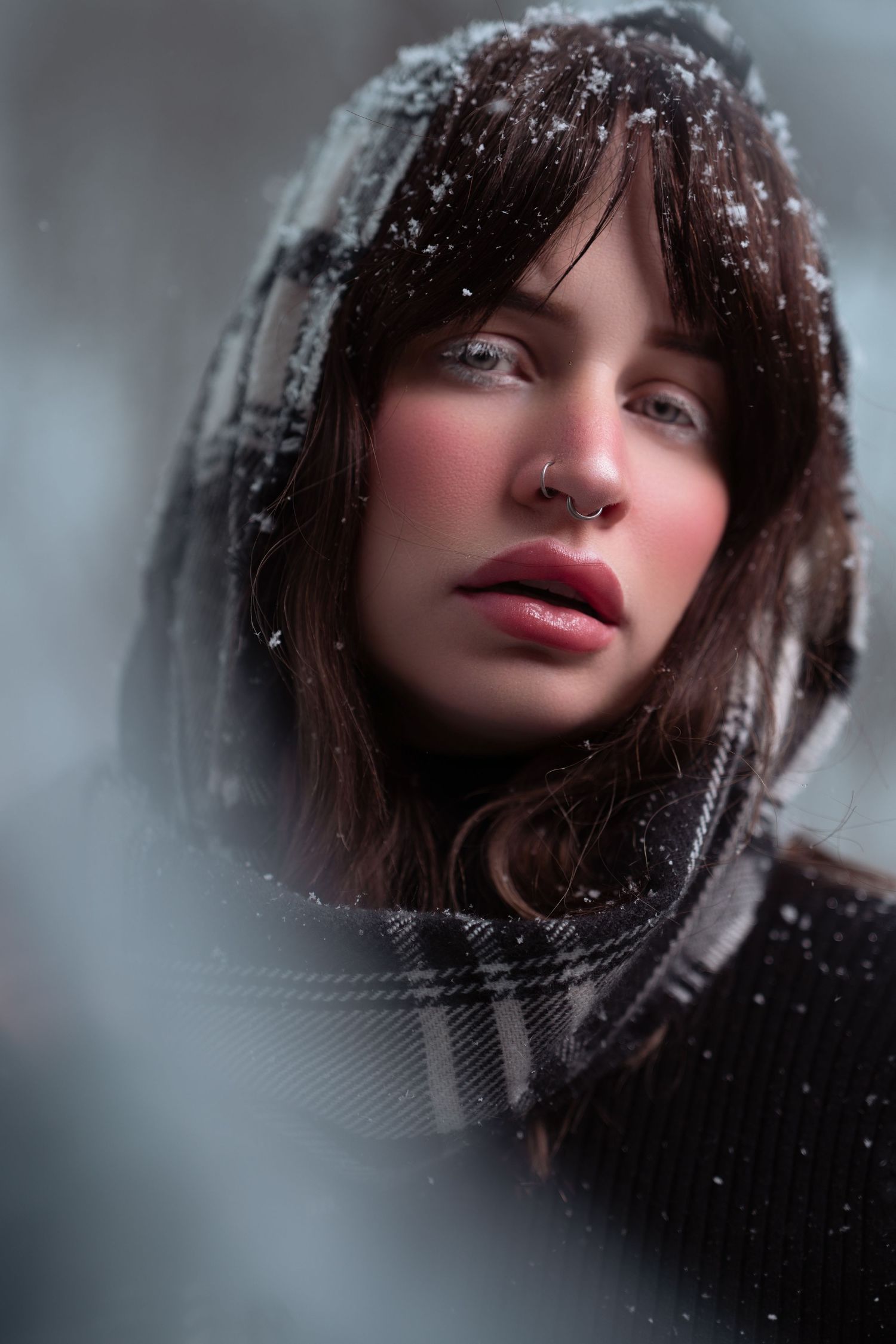 Artistic portrait series showing a woman with dark hair and red lips in moody winter lighting with snow falling.