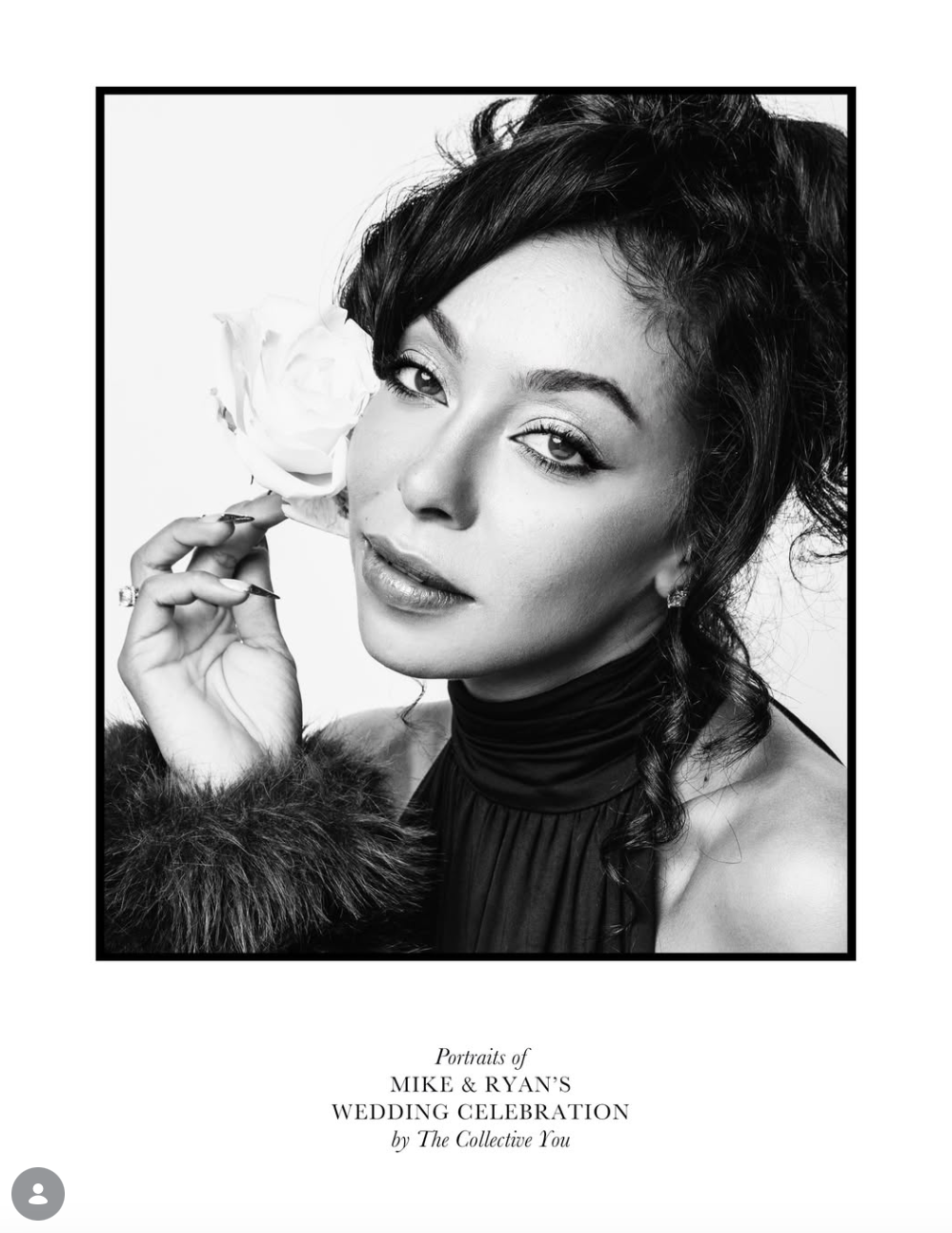 Black and white wedding portrait of a woman with upswept dark hair, a fur-trimmed halter top, and a white rose held near her face.
