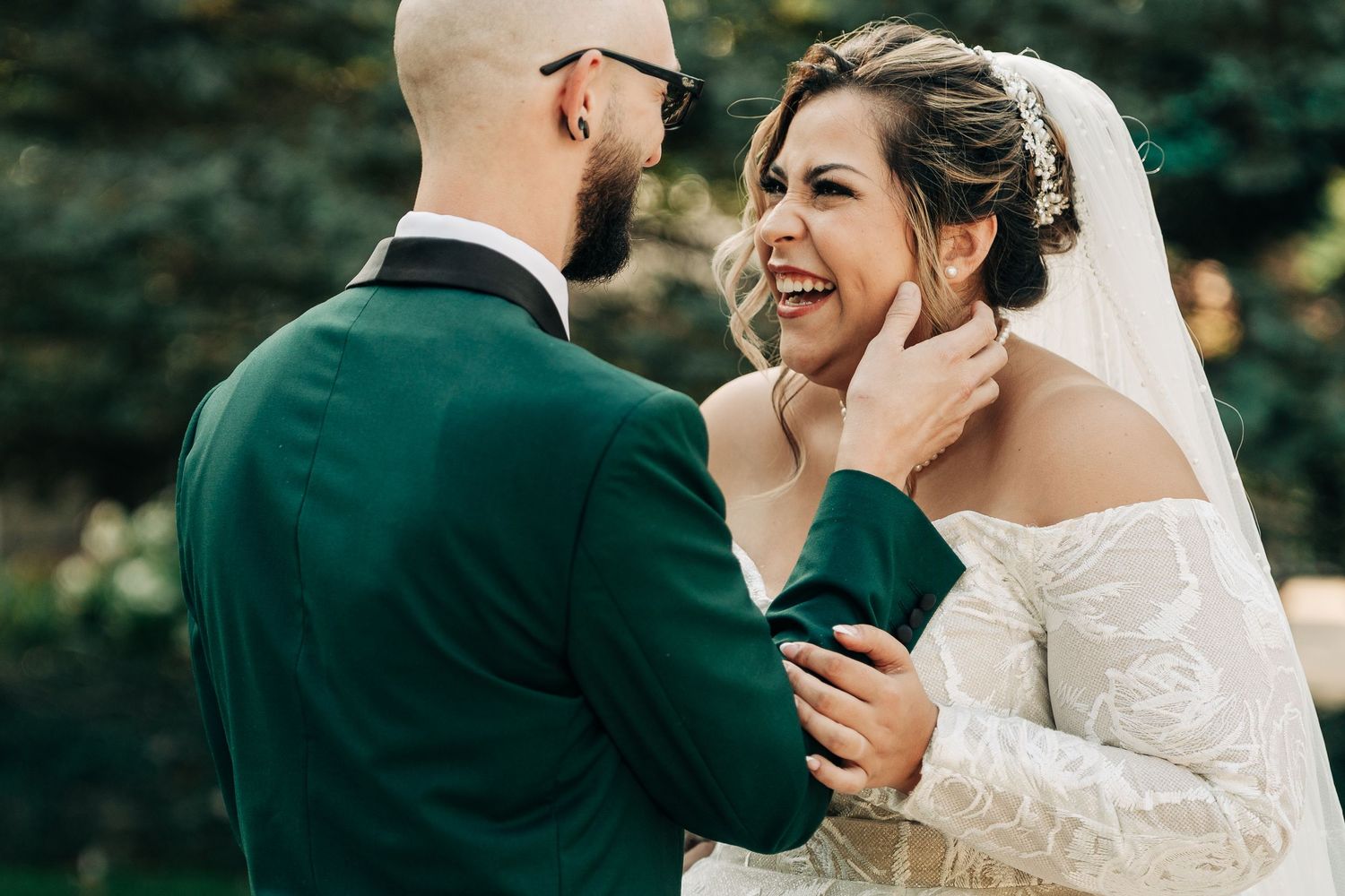 A romantic wedding moment captured in a series of photos showing tender interactions between the couple in an outdoor setting.