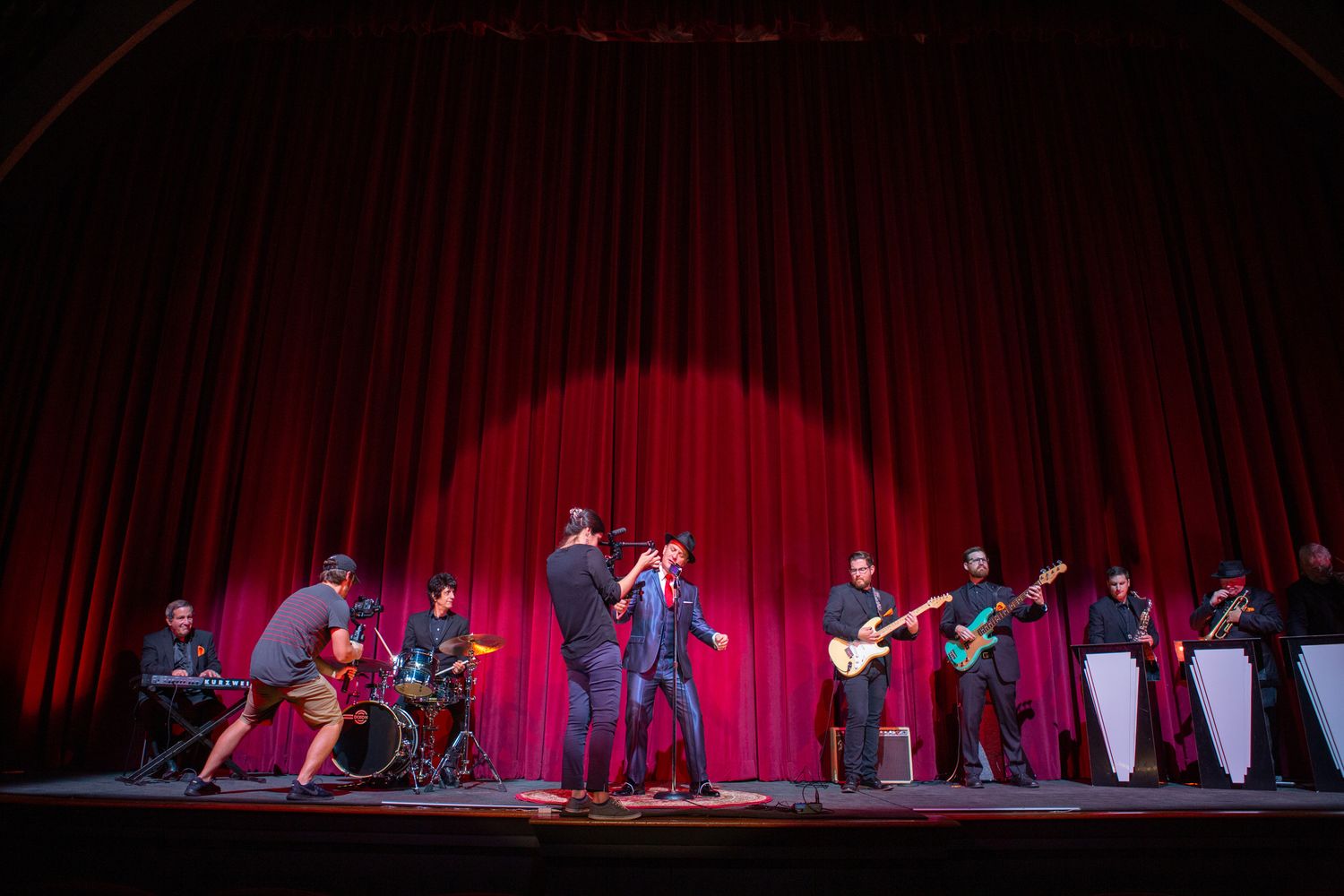 Behind the scenes at a music video shoot on stage