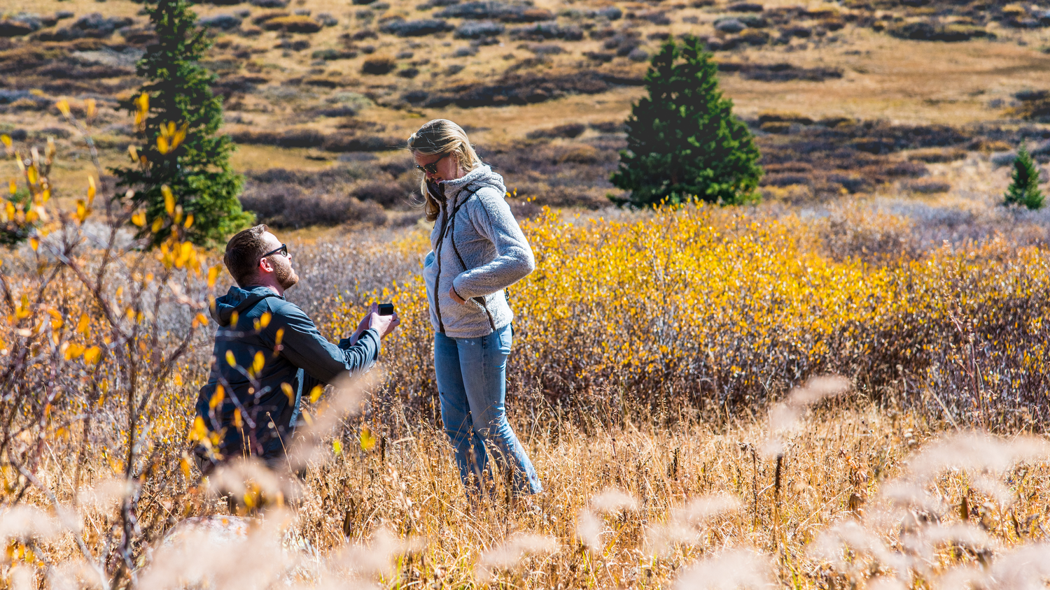 Fall day on top of Vail Pass for this surprise marriage proposal captured by hidden photographer.