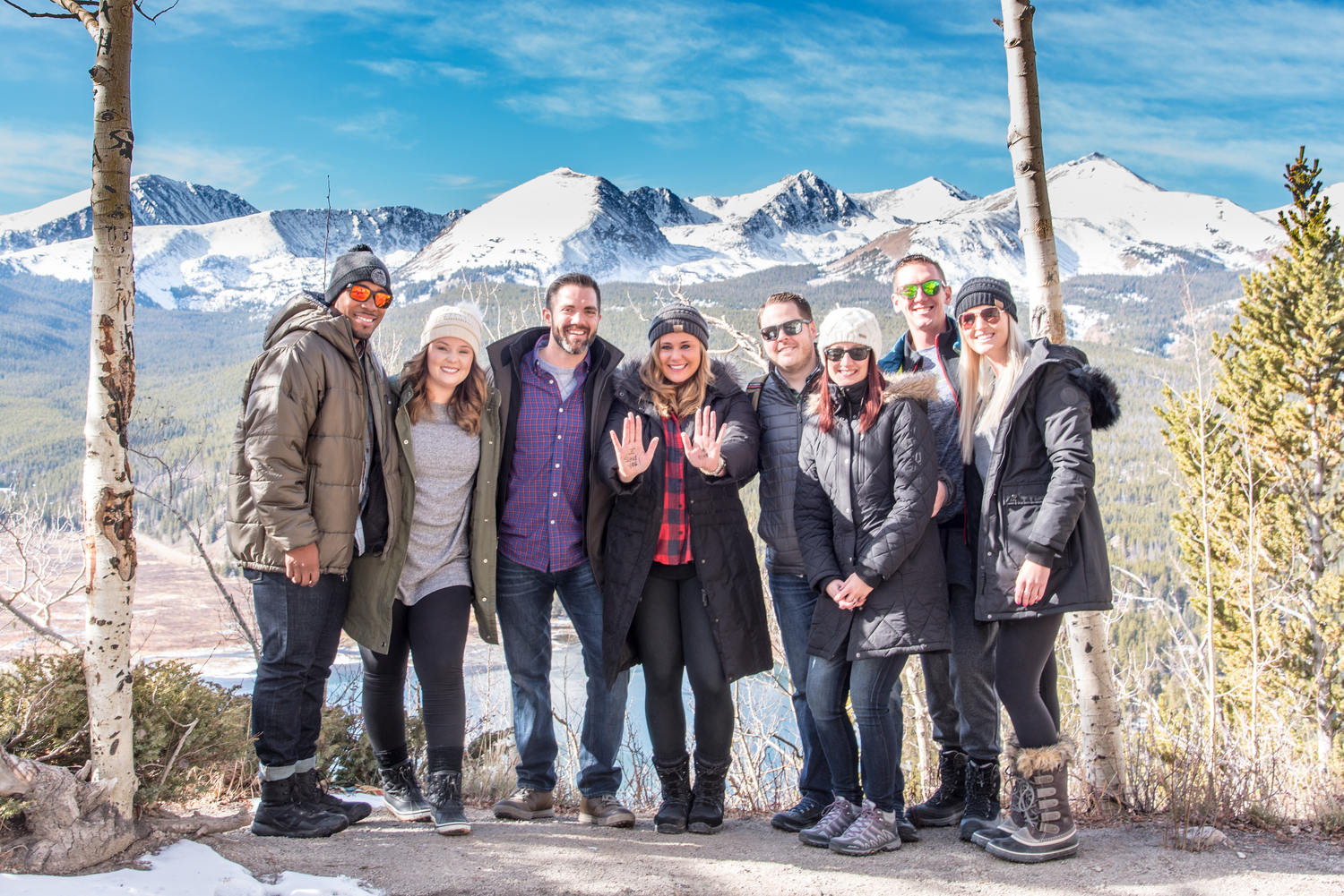 Group of friends who helped in the planning of this surprise marriage proposal on Boreas Pass Rd in Breckenridge, CO.
