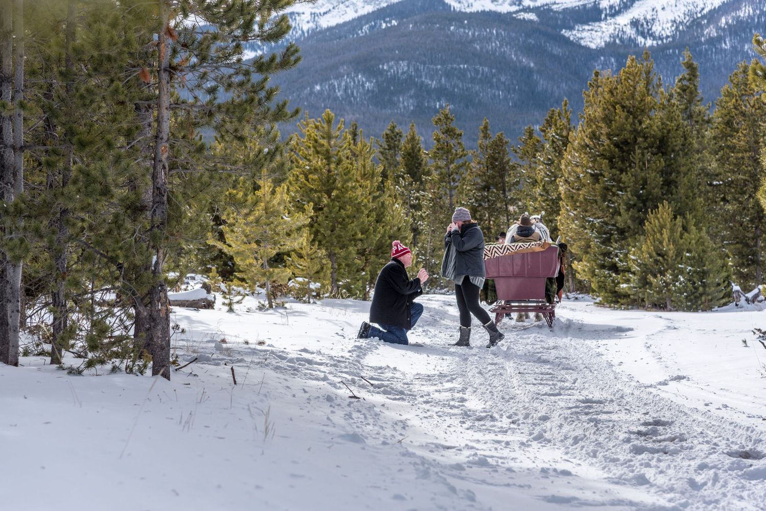 Marriage proposal during a one horse open sleigh ride near Breckenridge CO (hidden photographer)
