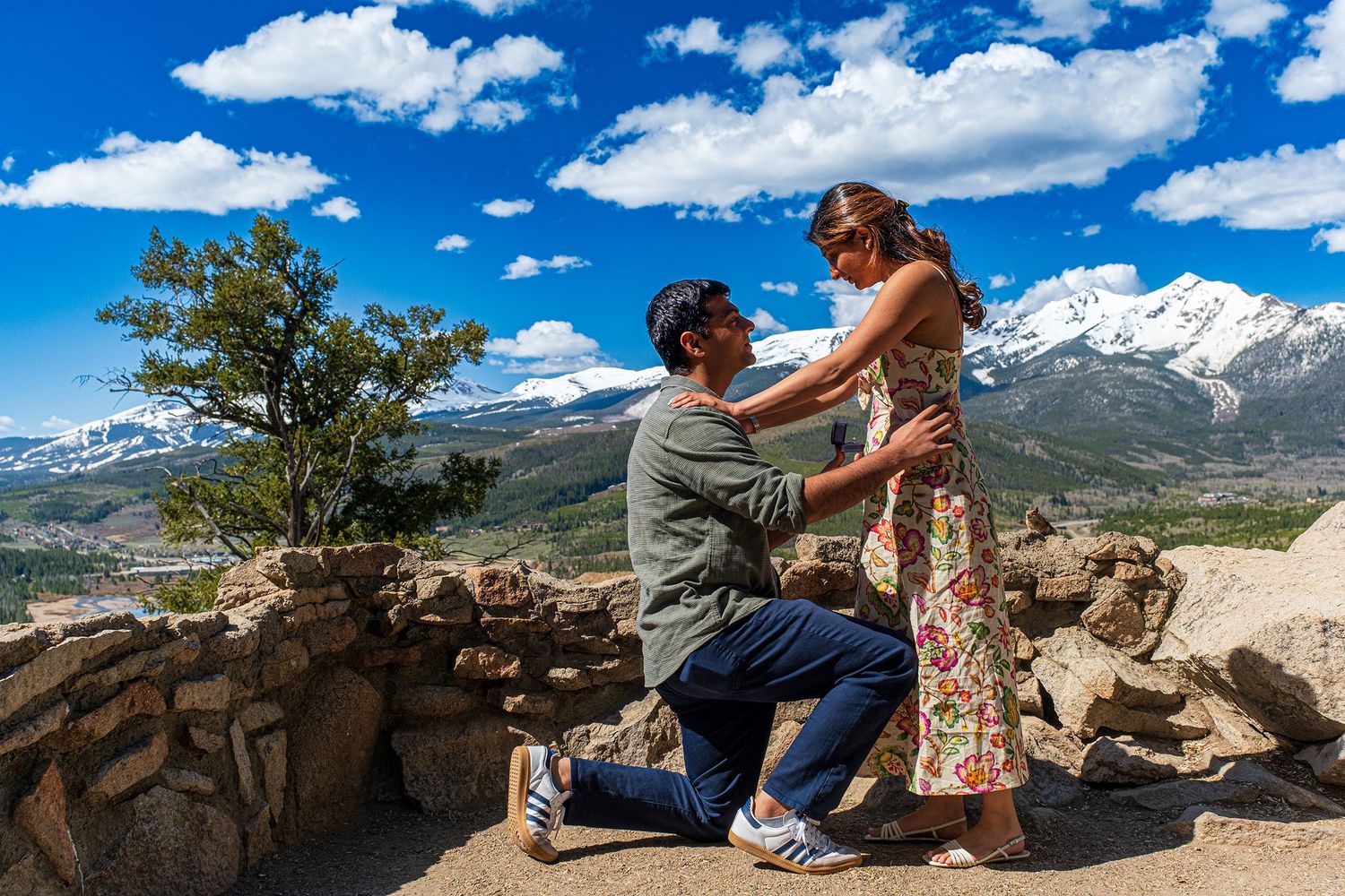 Warm spring day at Sapphire Point for a marriage proposal near Breckenridge, CO