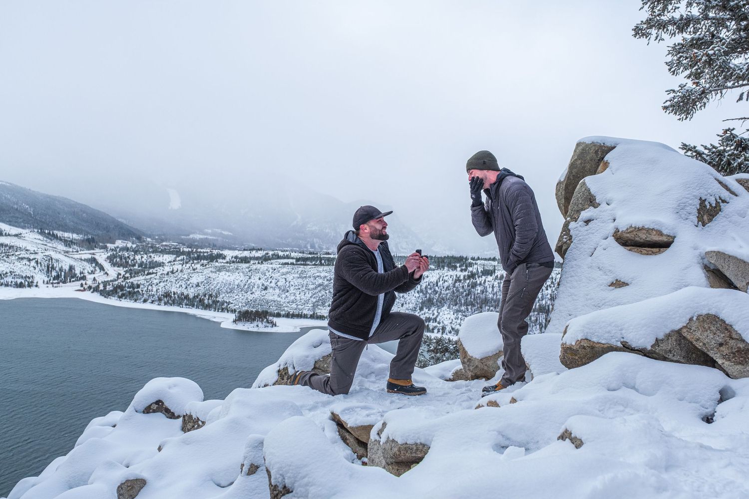 Totally surprise from this same sex marriage proposal photographed at Sapphire Point Overlook near Breckenridge, CO