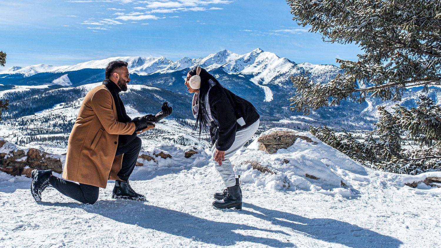 Surprise marriage proposal planned and capture by a professional photographer at Sapphire Point Overlook near Breckenridge, CO
