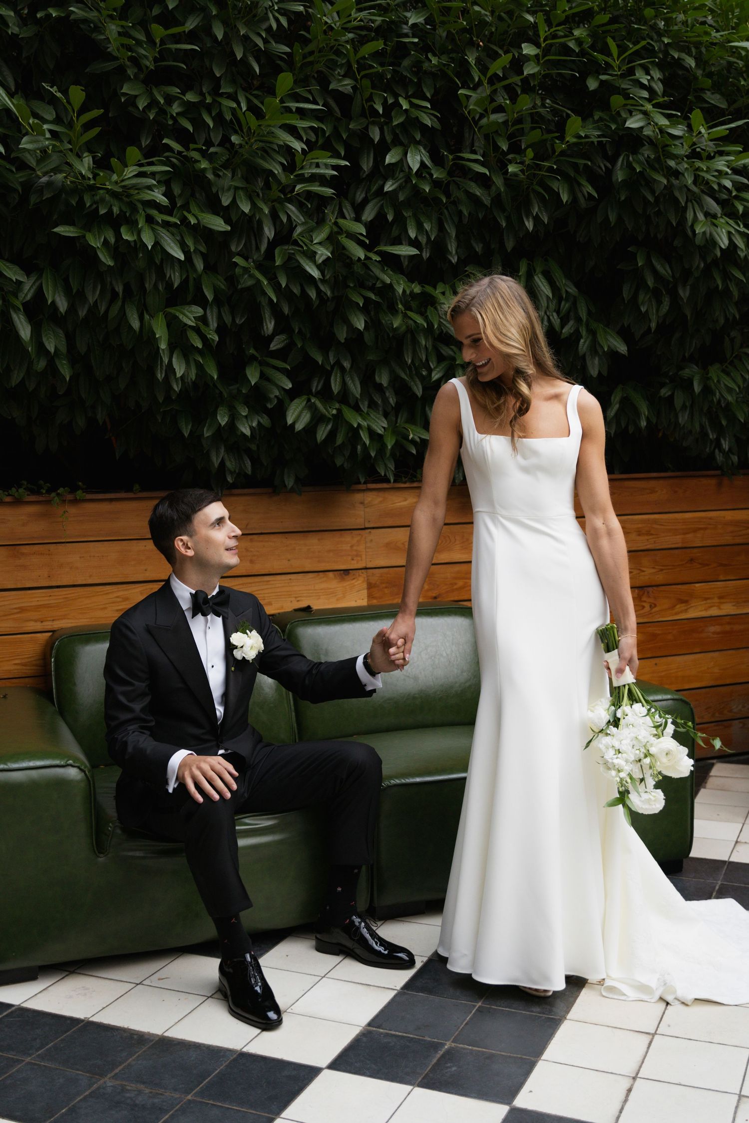 A sequence of wedding photos showing a couple sitting on a bench against a leafy green backdrop.