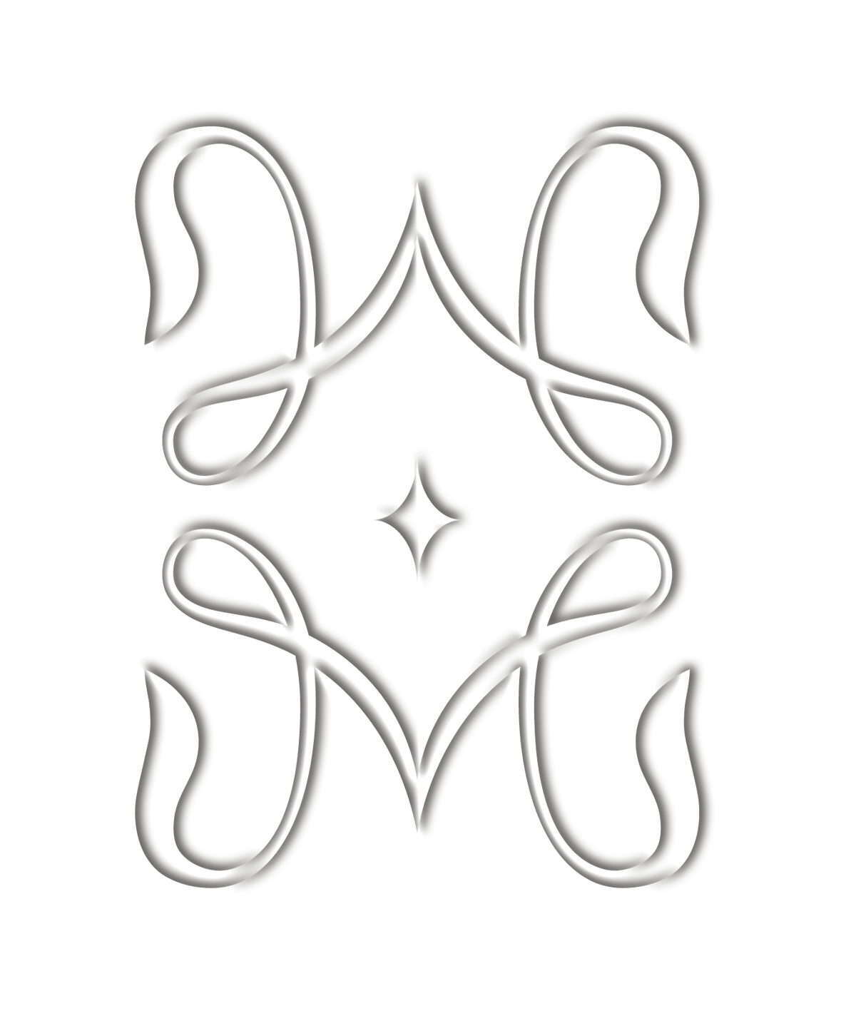 A seamless pattern of elegant symmetrical black and white swirls and floral shapes on a white background.