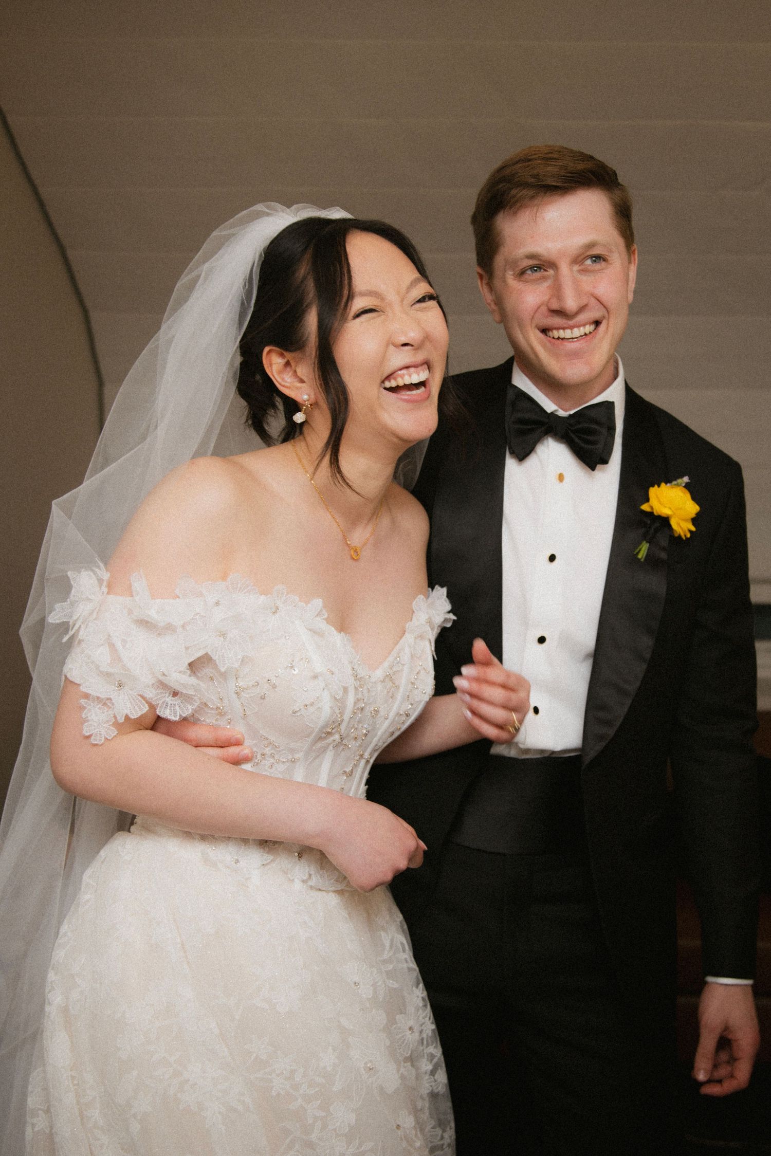 Candid wedding portraits showing joyful moments in formal attire.