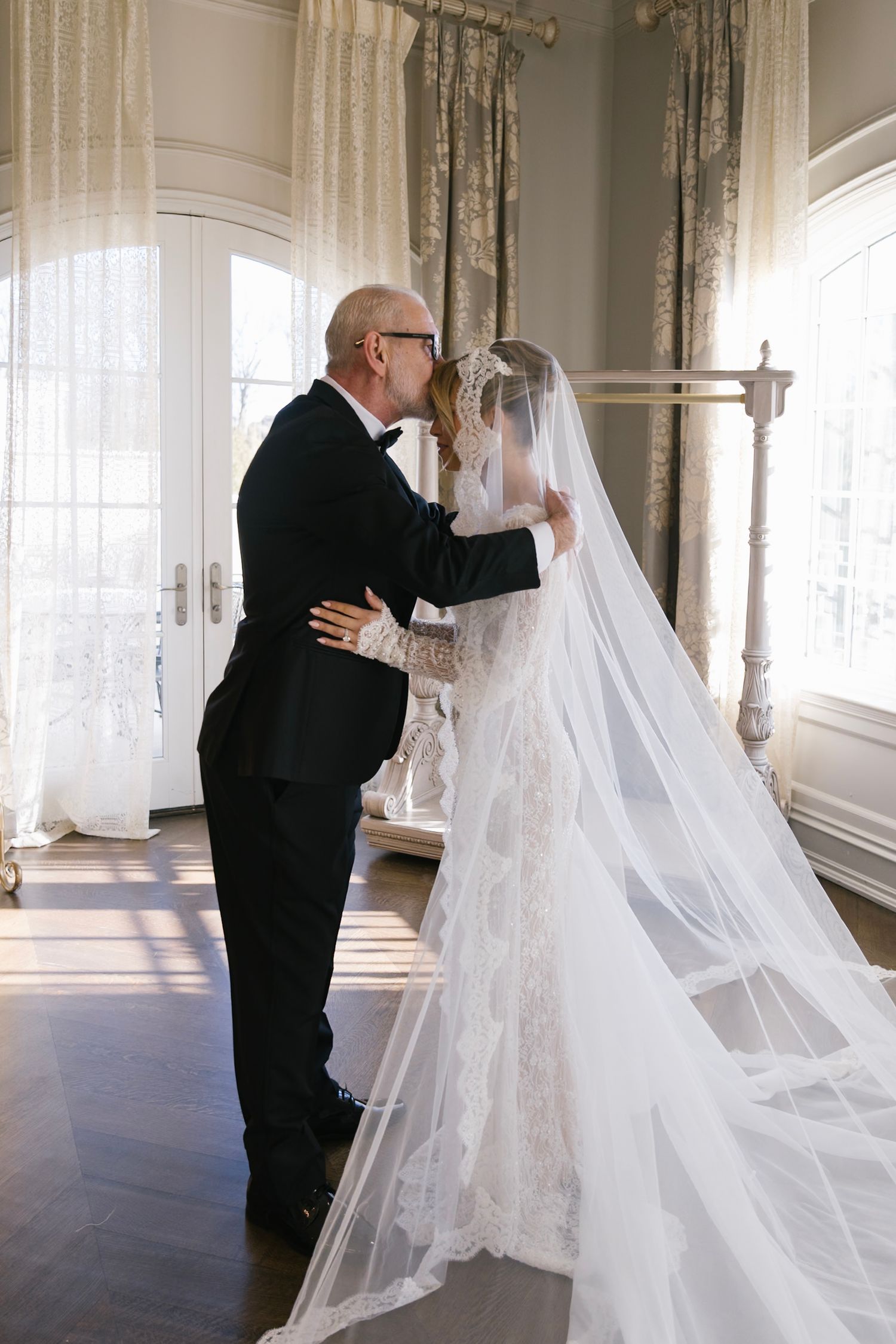 A flowing white wedding veil and dress captured in sequence against an elegant interior.