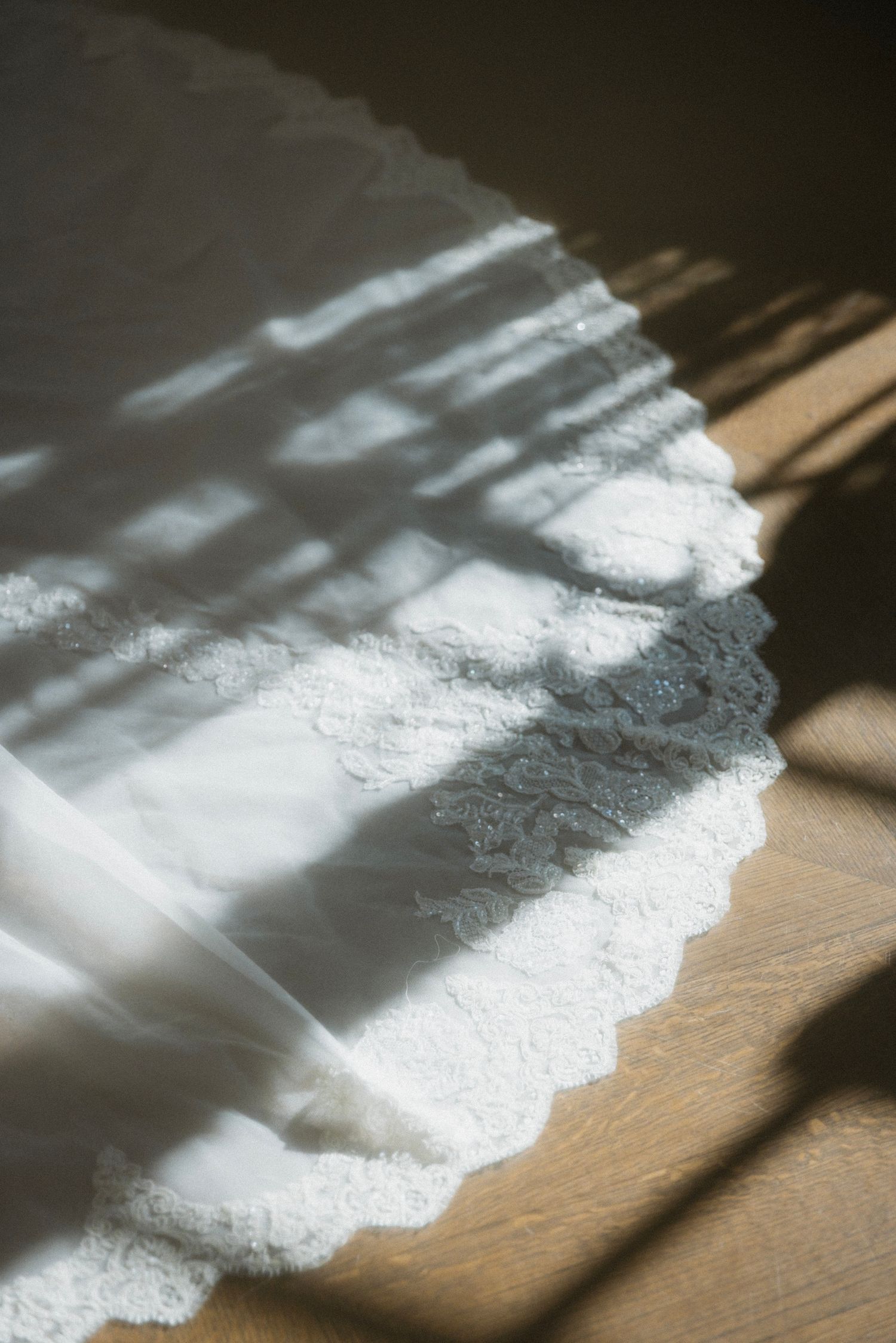 Sunlight casts dramatic shadows on a wooden floor through a lace curtain.