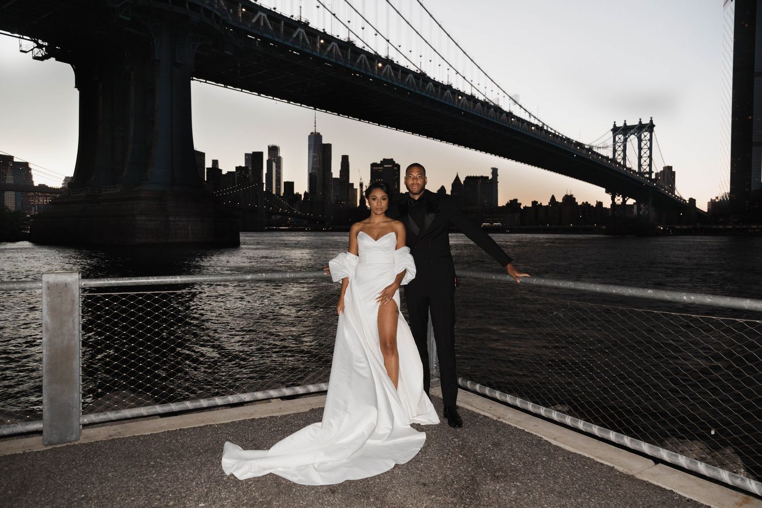 A collection of romantic wedding photos with a couple posing near the Brooklyn Bridge during sunset.