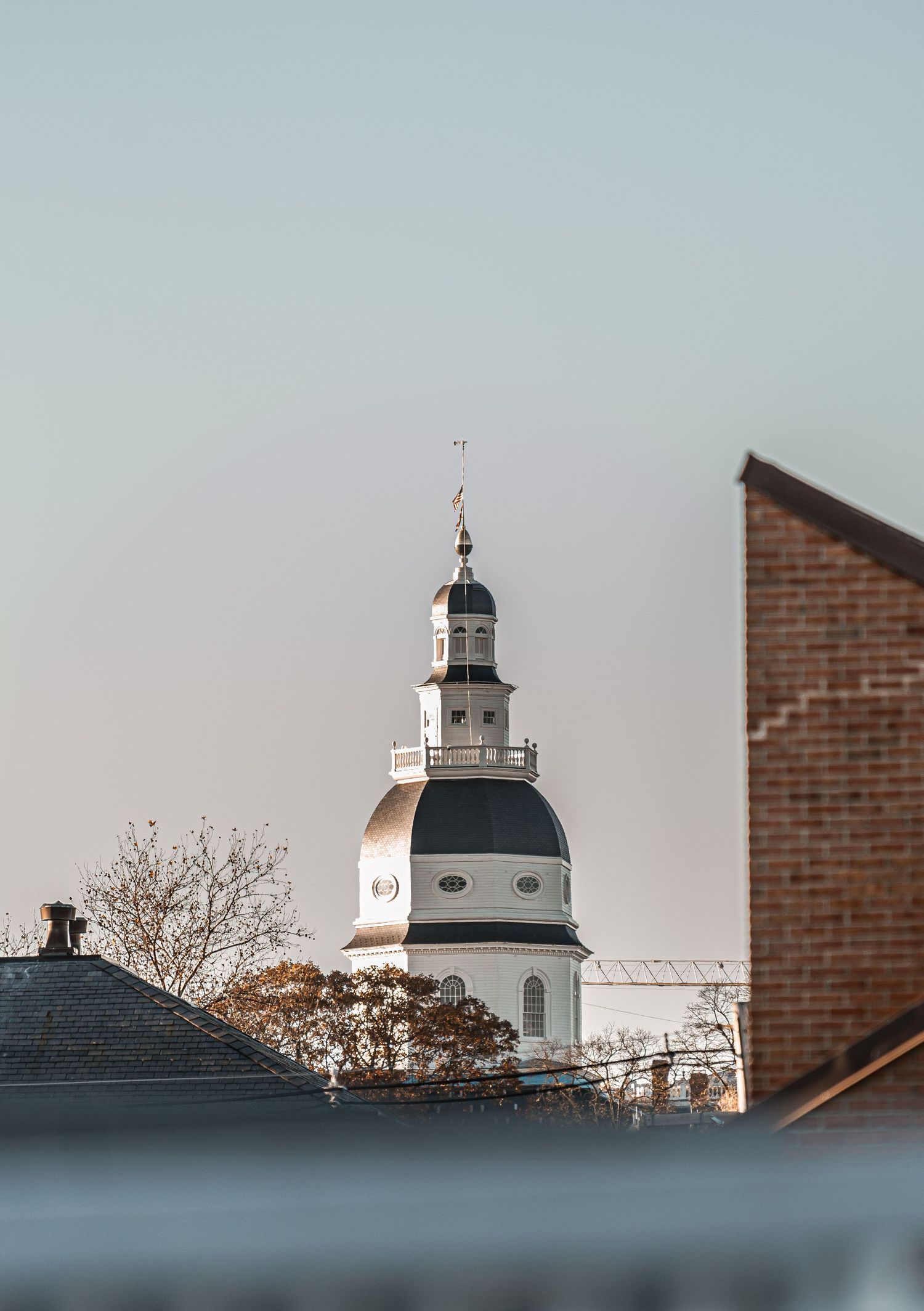 Maryland State House white dome and steeple rising above brick rooftops against clear winter sky.