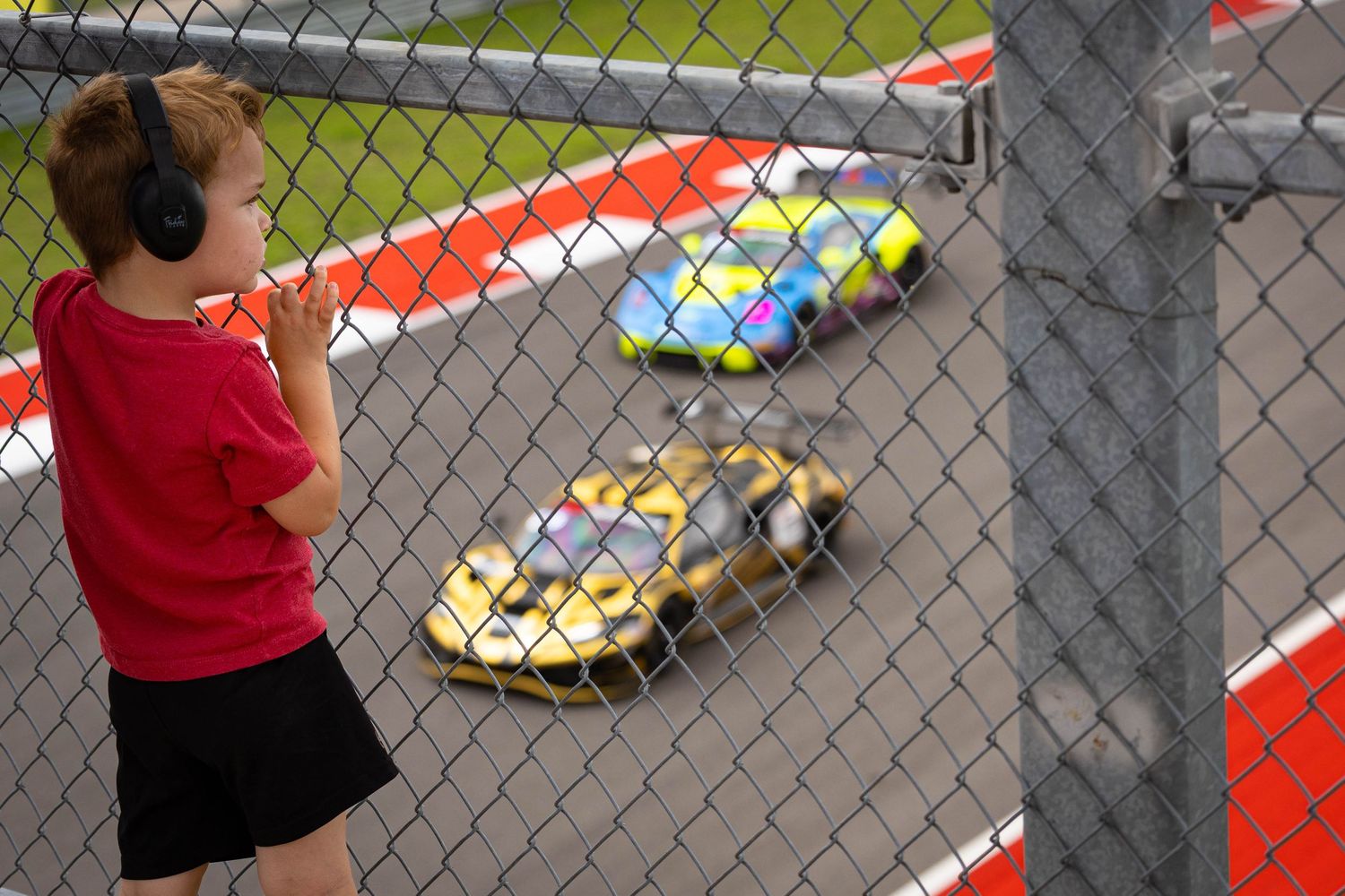 Young child with ear protection watches colorful race cars speed past chain-link fence at motorsport event.