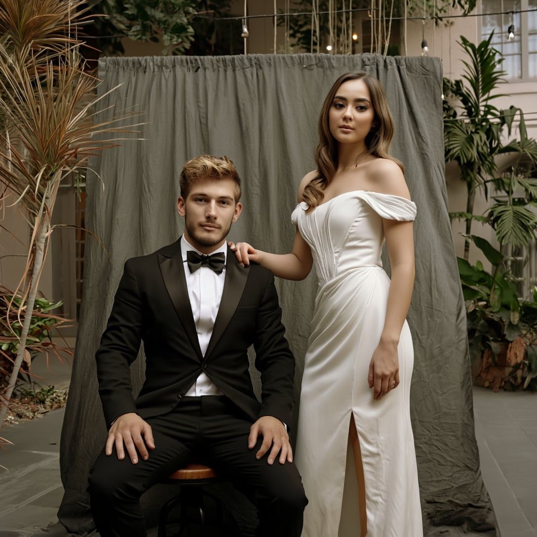 A groom in a black tuxedo sits while his bride in a white off-shoulder gown stands beside him.