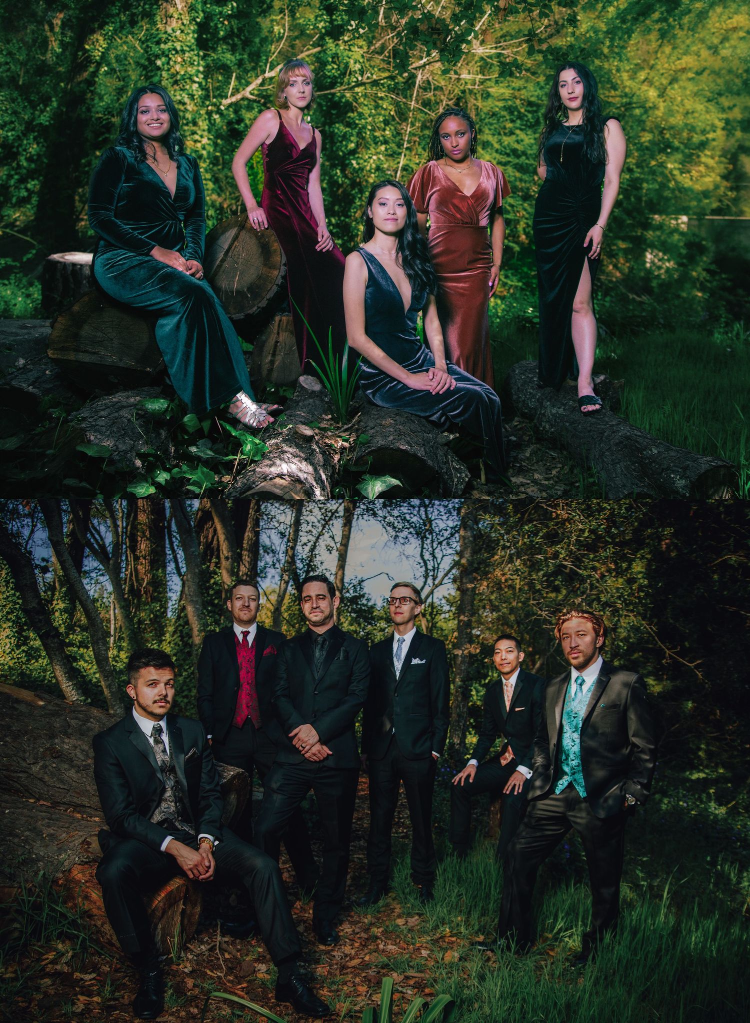 Elegant group photo featuring women in velvet gowns and men in tuxedos posed in a lush forest setting.