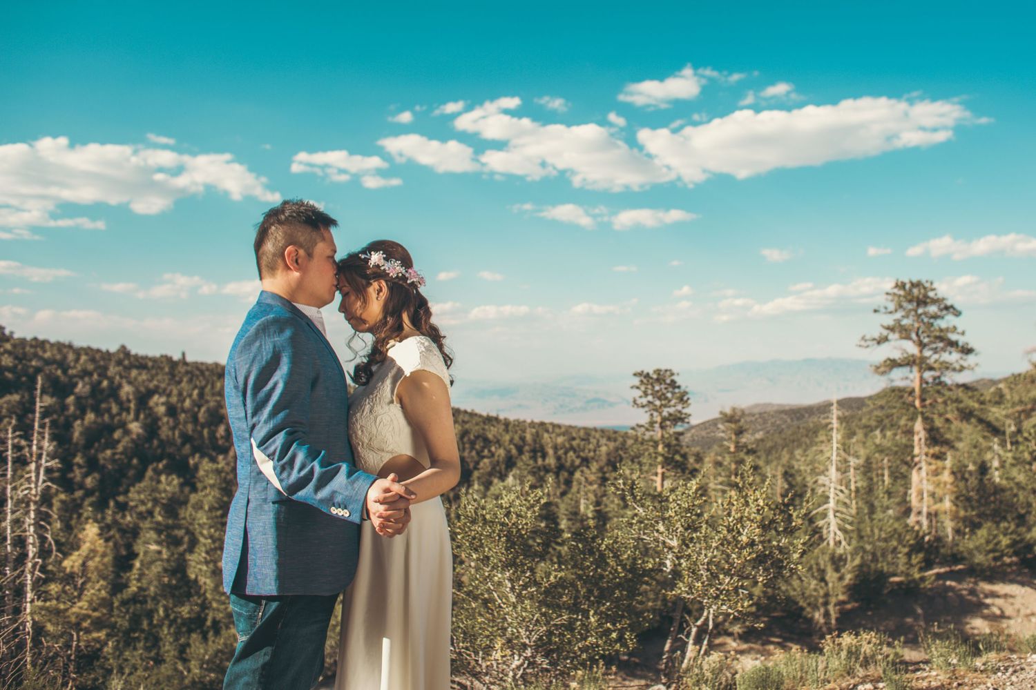 Bride and groom embrace on a mountain overlook surrounded by pine trees under a bright blue sky.