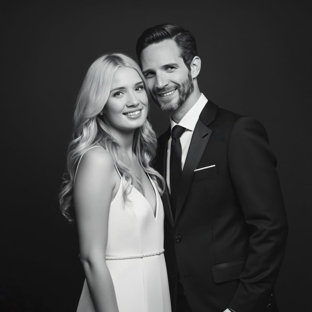 Elegant black and white portrait of a smiling blonde woman and suited man posing together formally.