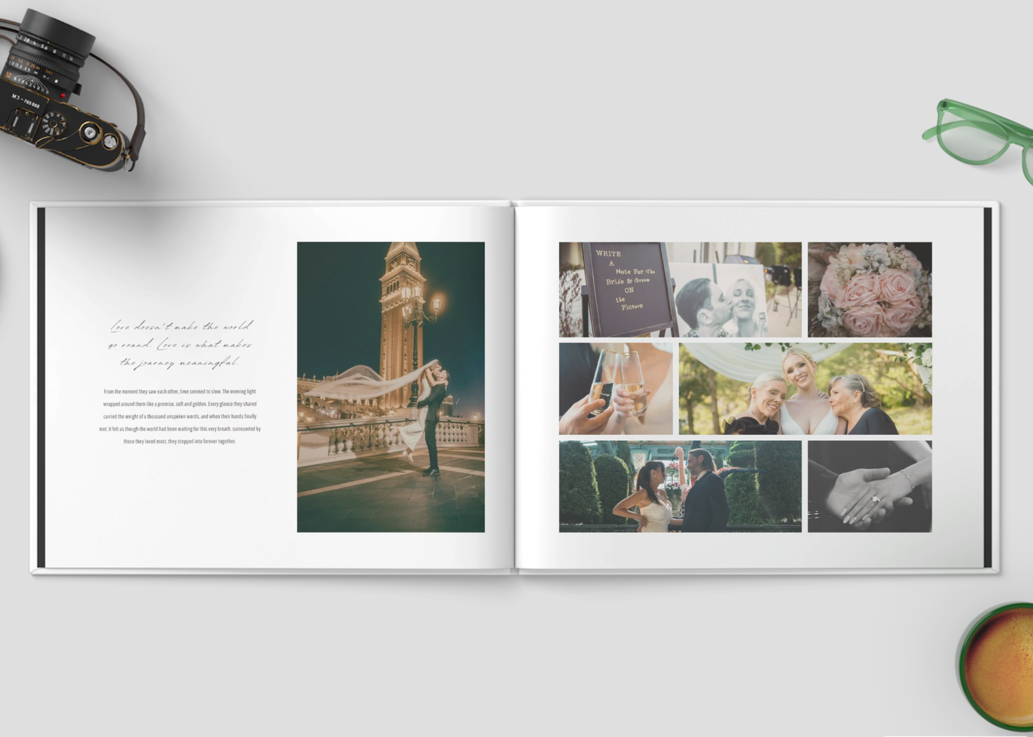 Open wedding photo album displaying elegant couple portraits and floral arrangement photos.
