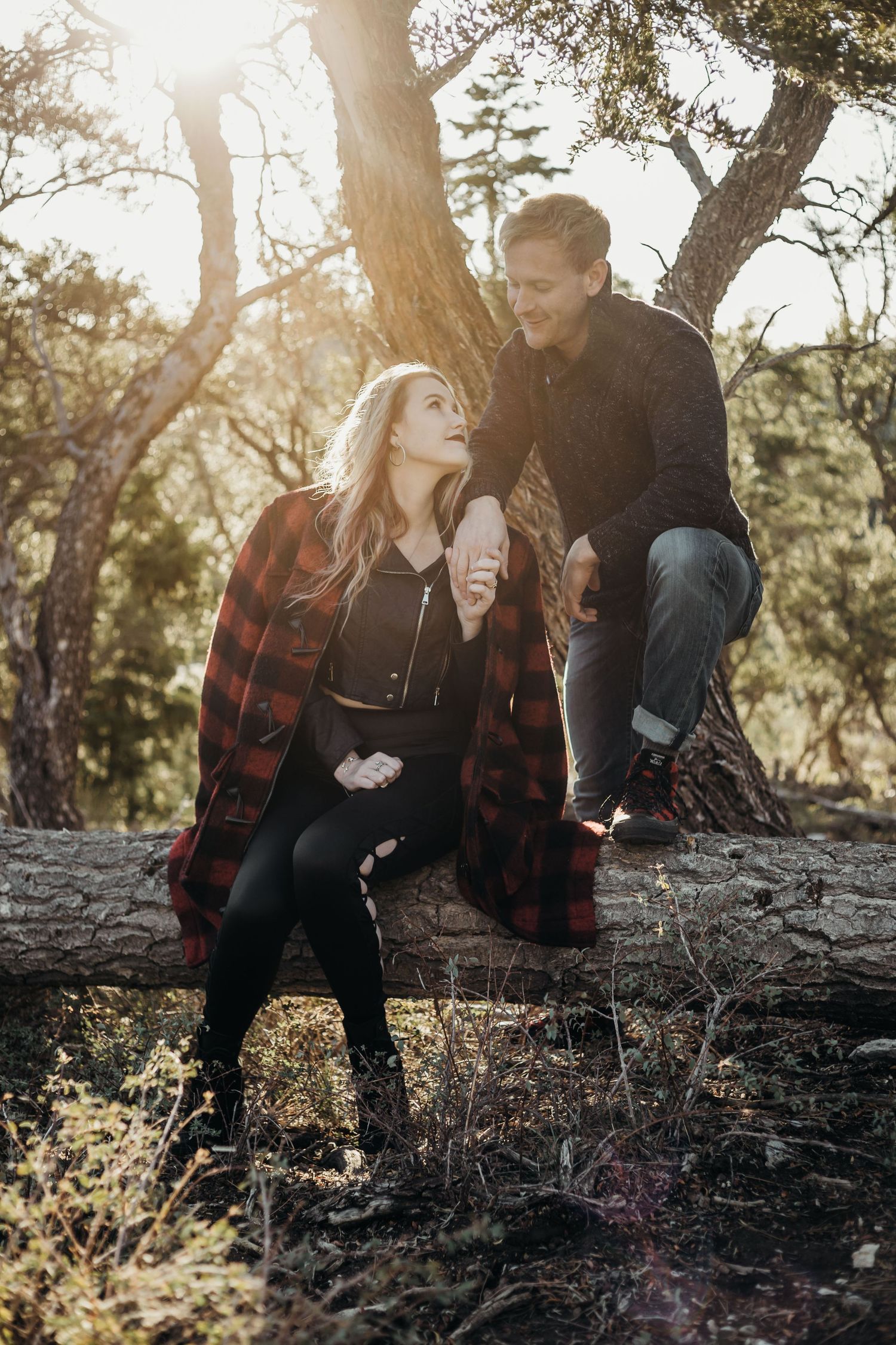 Couple sitting on a fallen log in a sunlit forest, woman in plaid jacket holding hands with man leaning against tree.