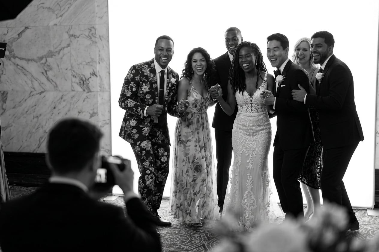 Black and white photo of a smiling wedding party posing arm in arm in formal attire while a guest photographs them.