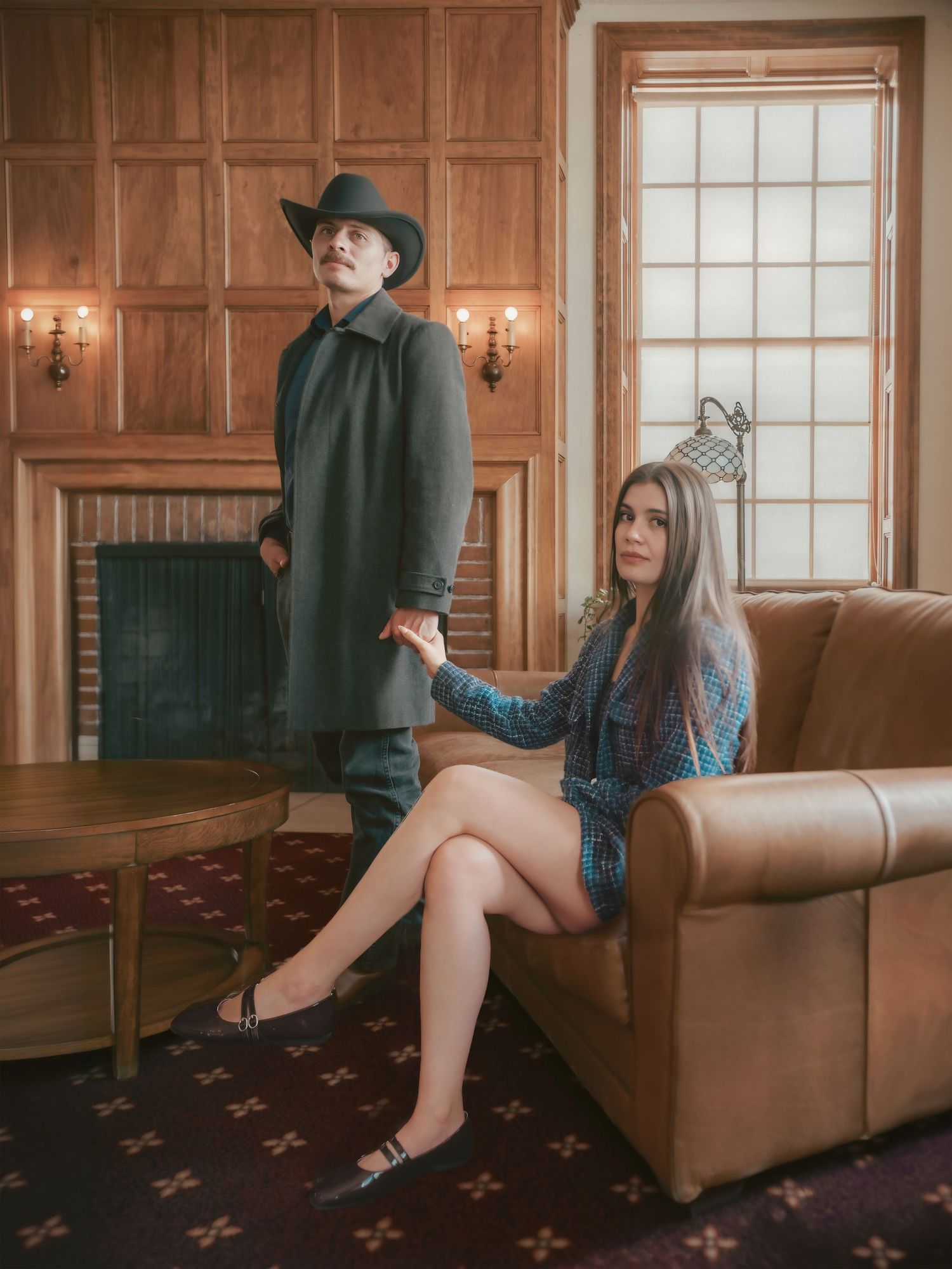 A man in a cowboy hat and woman in denim sit together in a wood-paneled room with leather sofa and fireplace.