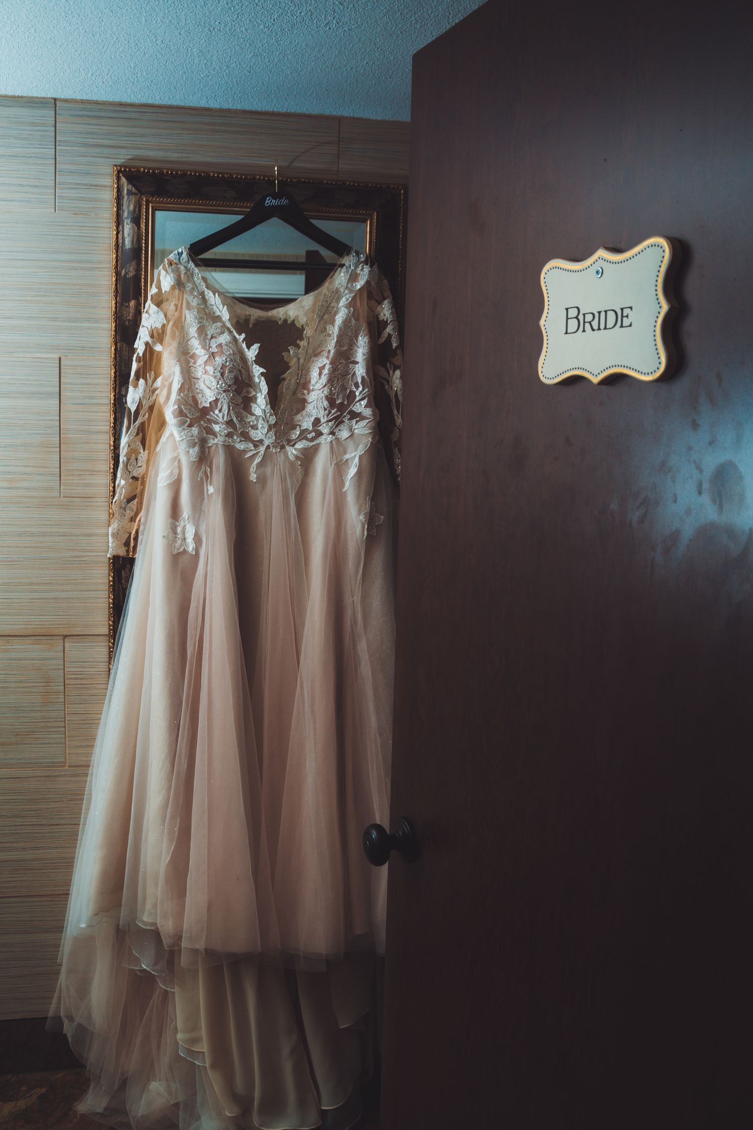 Elegant blush lace and tulle wedding gown hanging near a Bride sign on a dark wooden door.