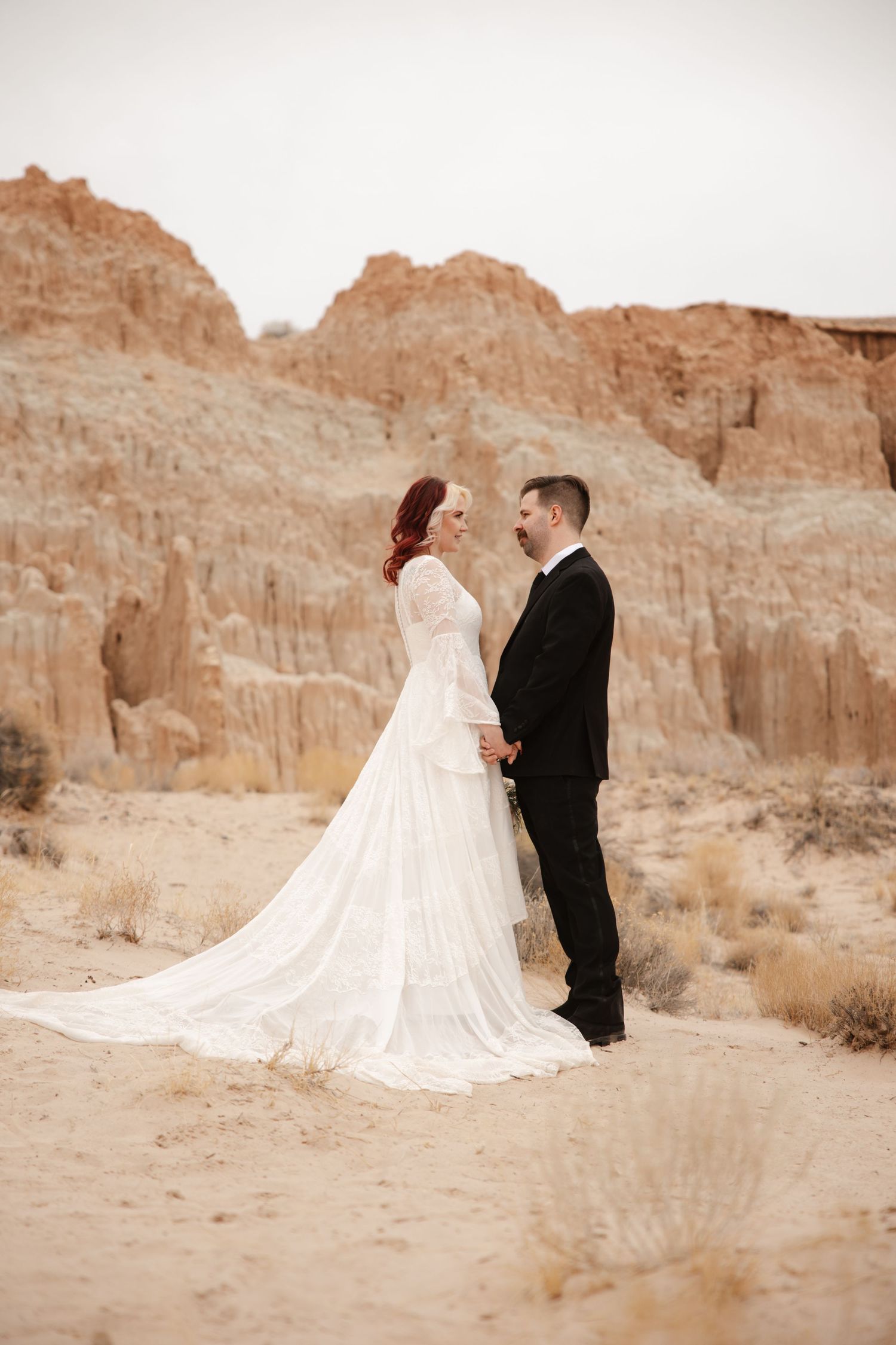 Bride in long lace wedding dress and groom in black suit face each other in a desert setting.