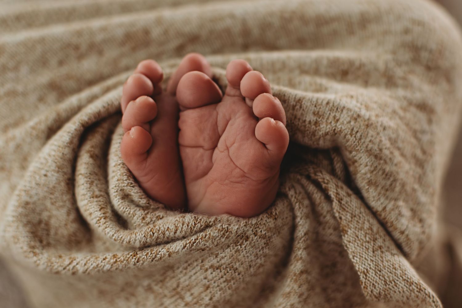 Close-up of tiny newborn baby feet peeking out from a soft brown knit blanket.