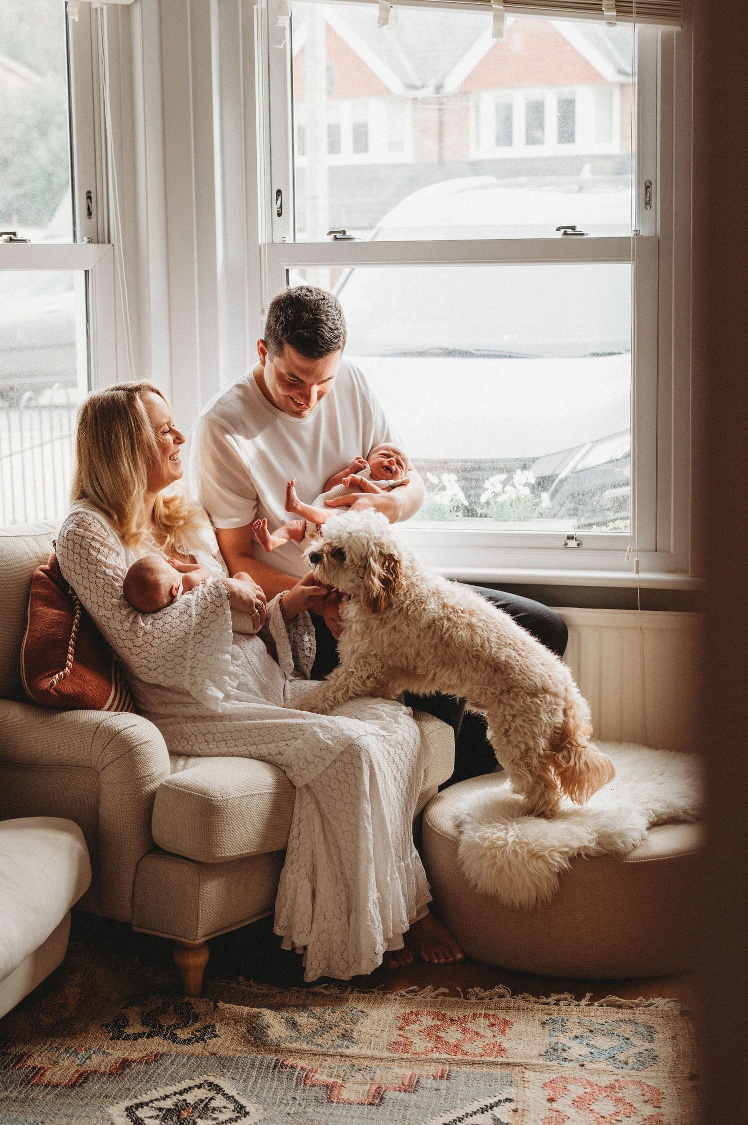 A couple sits by a window with their newborn twins while their fluffy white dog jumps up excitedly.