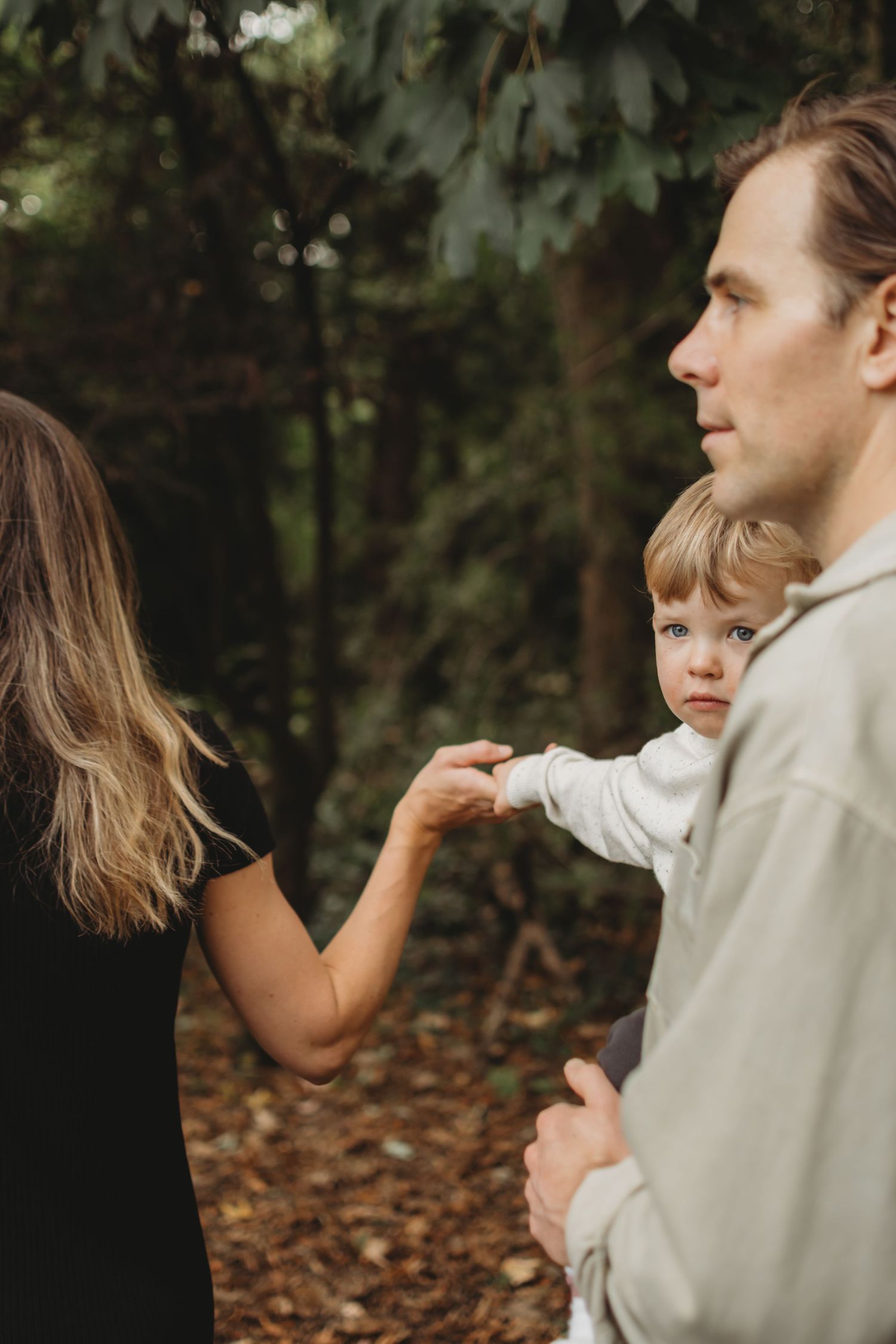 Father holding toddler in woodland setting as child reaches toward mother among green forest trees.