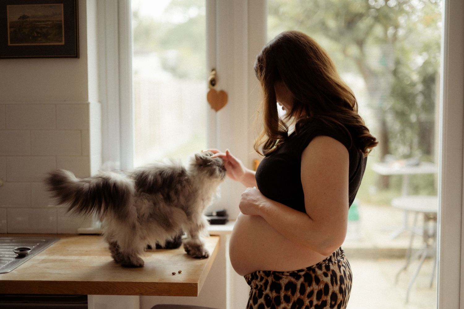 Pregnant woman in leopard print skirt feeding a fluffy cat on a kitchen counter near a bright window.