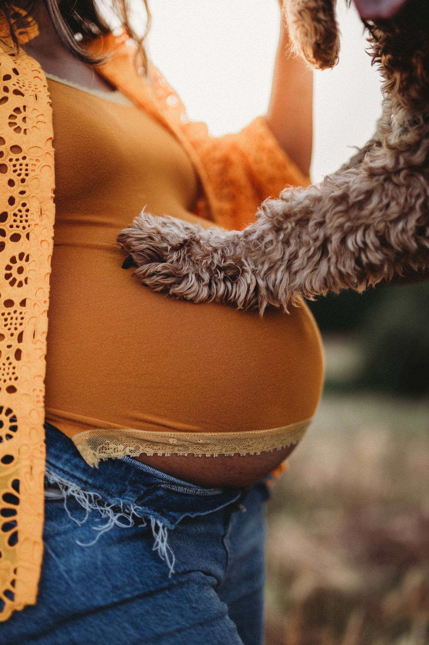 Close-up of a fluffy dog resting its paw on a pregnant woman's bare baby bump outdoors.
