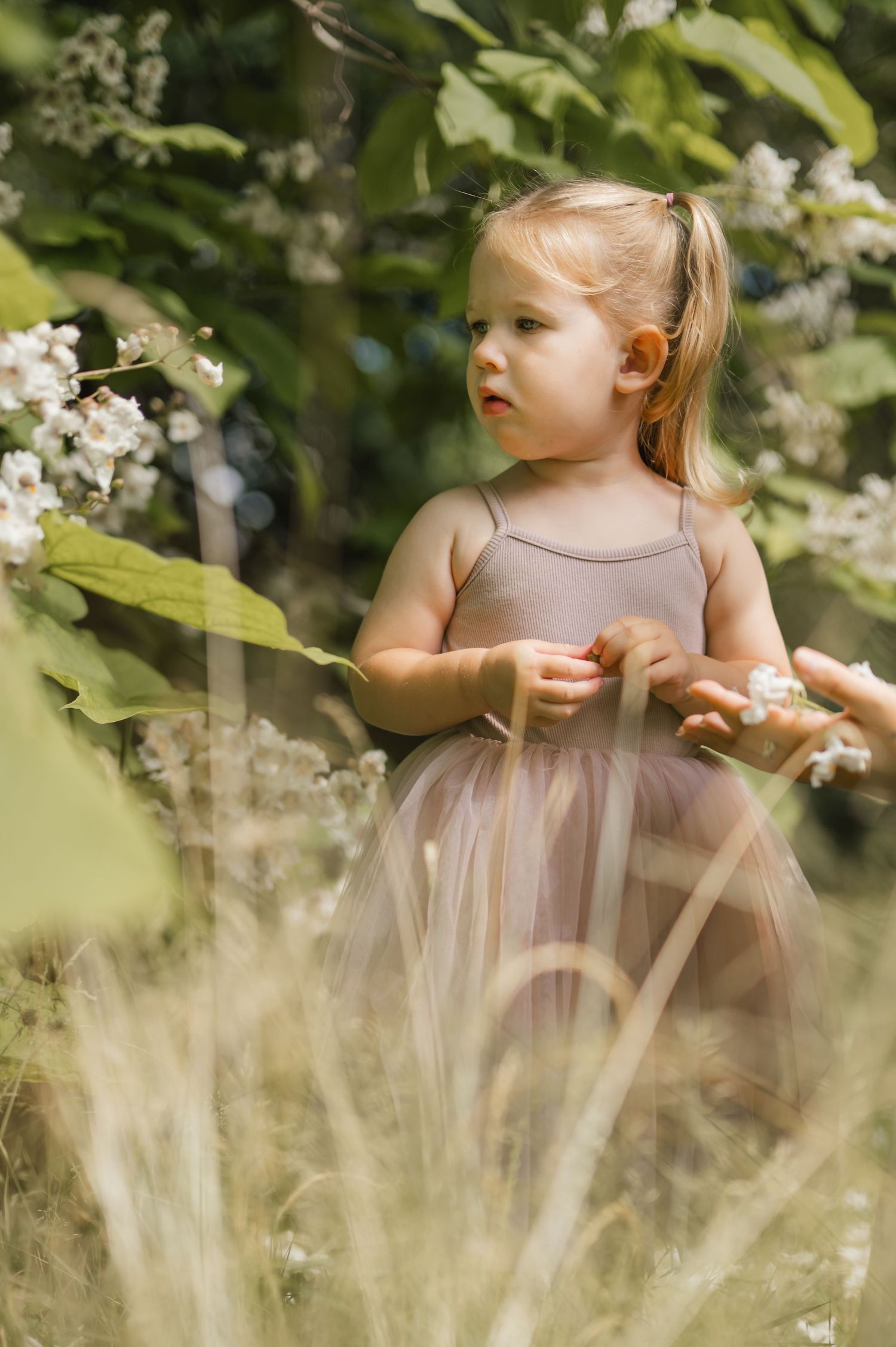 Young toddler girl in pink tulle dress standing among tall grass and white blooming flowers outdoors.