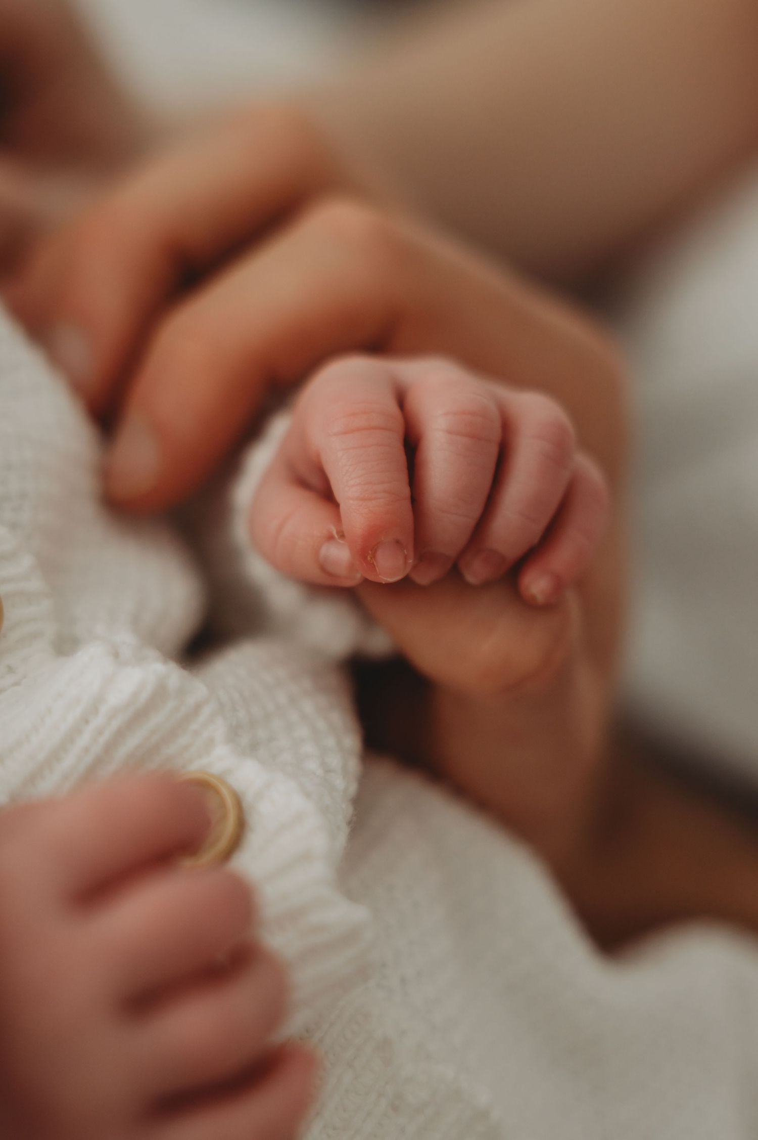 Close-up of a newborn baby's tiny hand gently gripping a parent's finger.