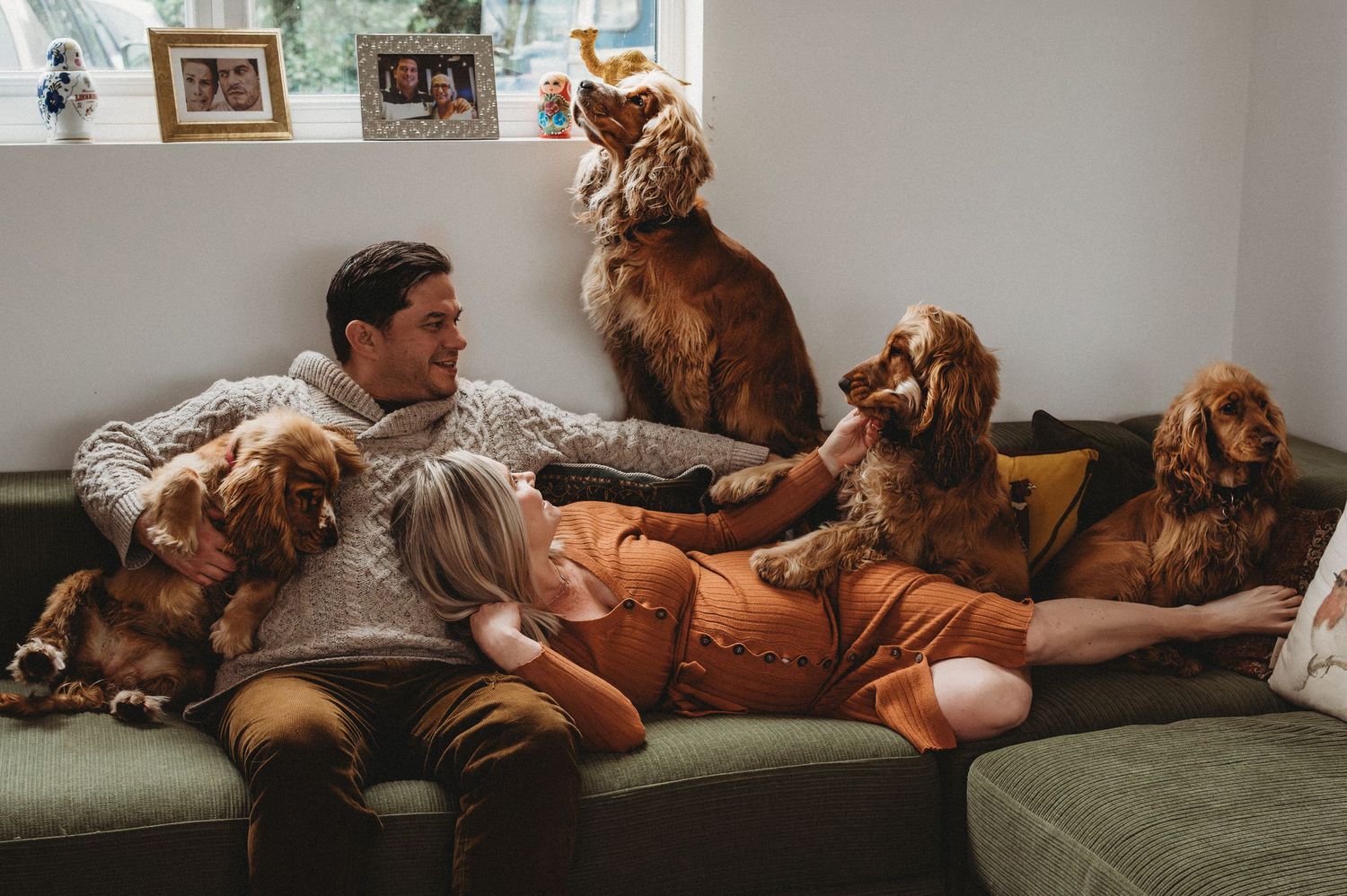 Couple relaxing on a green sofa surrounded by five adorable red Cocker Spaniel dogs indoors.