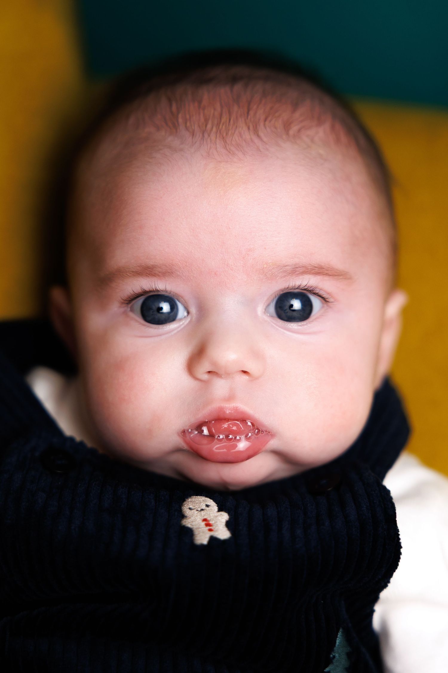 Close-up portrait of an alert baby with wide dark eyes wearing a navy blue knit sweater with a small ghost pin.