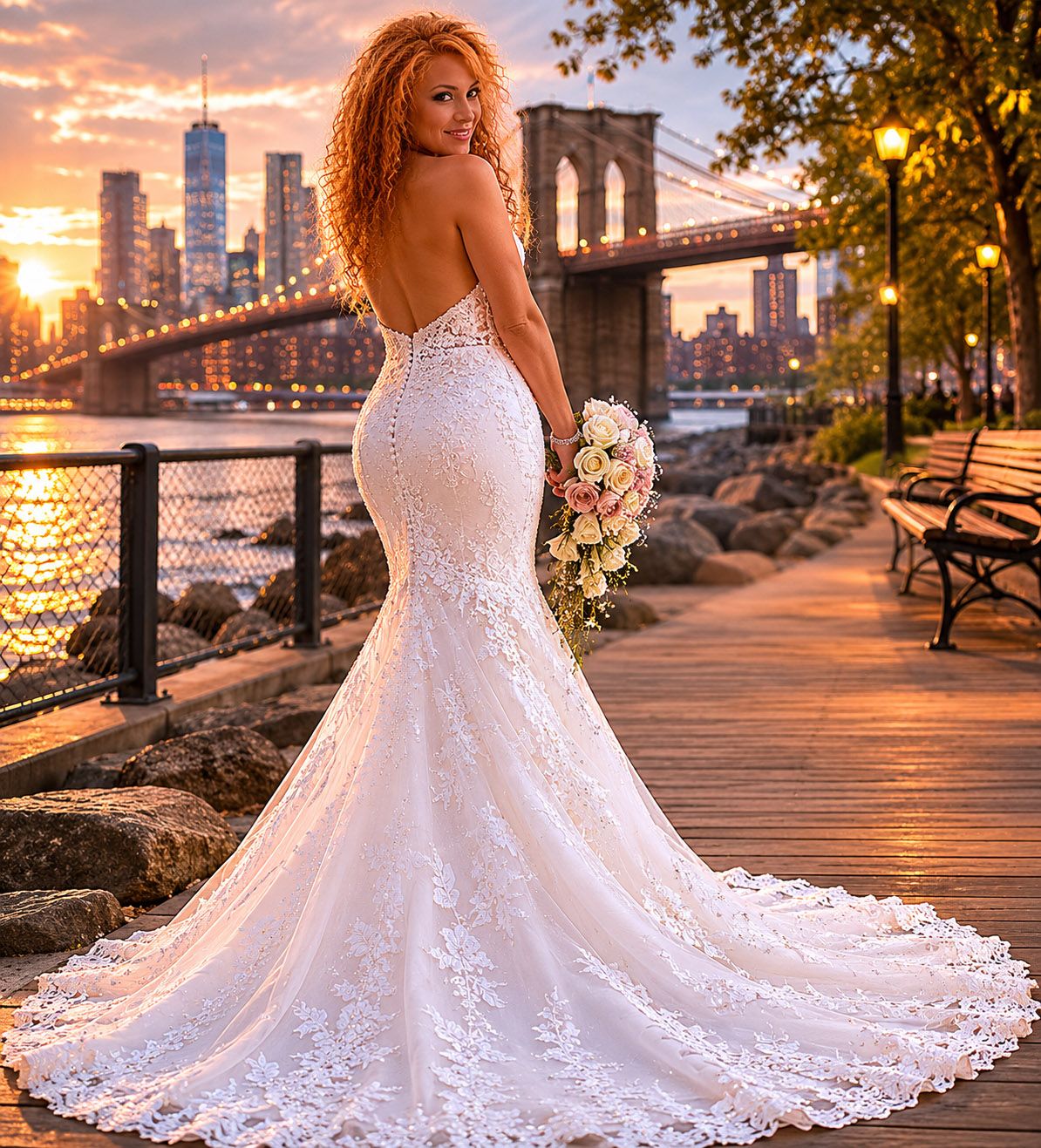 Bride in a lace mermaid wedding gown standing in Dumbo Brooklyn at golden hour with the Brooklyn Bridge and NYC skyline in the background.
