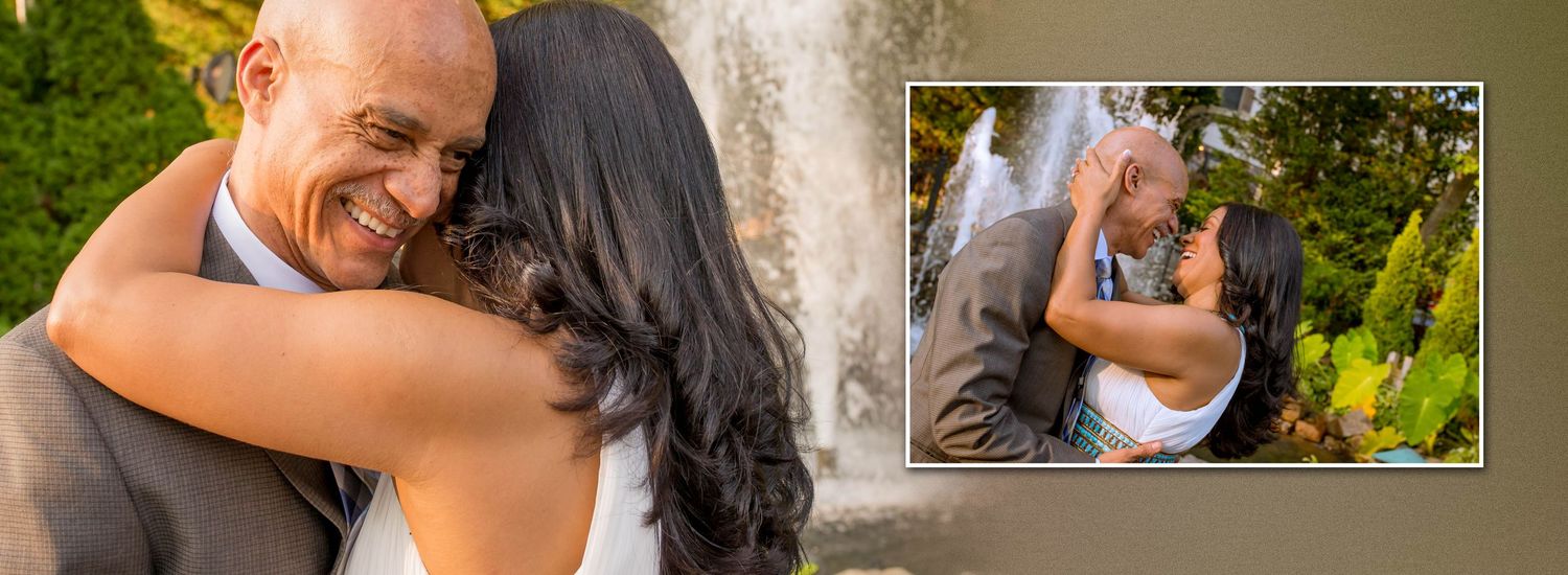 Bride and groom embracing outdoors during romantic wedding portrait session