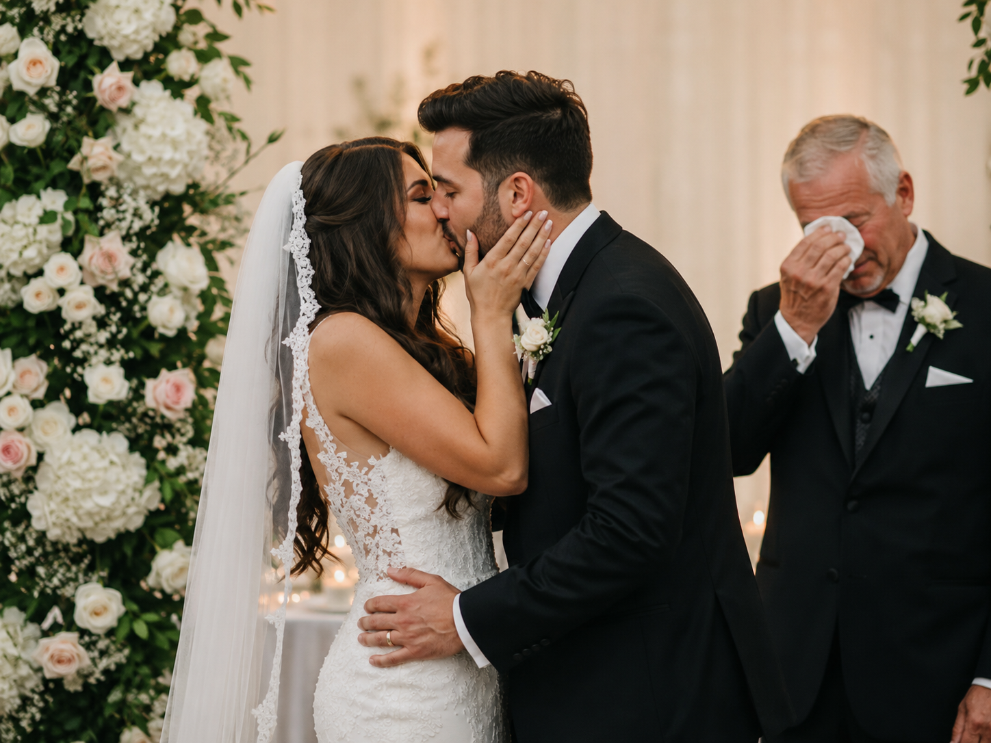 Bride and groom kissing during the ceremony while the father of the bride reacts with emotion in the background.