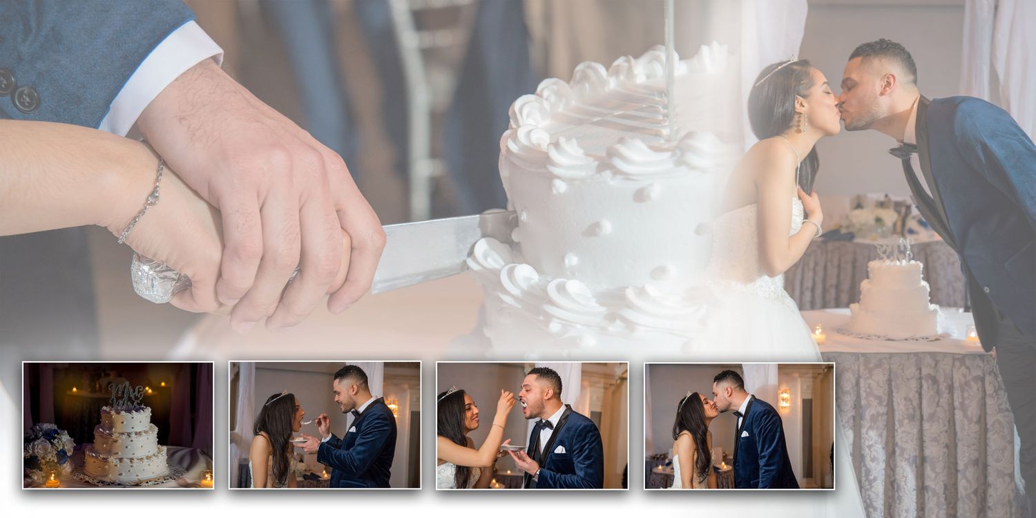 Close-up of bride and groom cutting wedding cake together