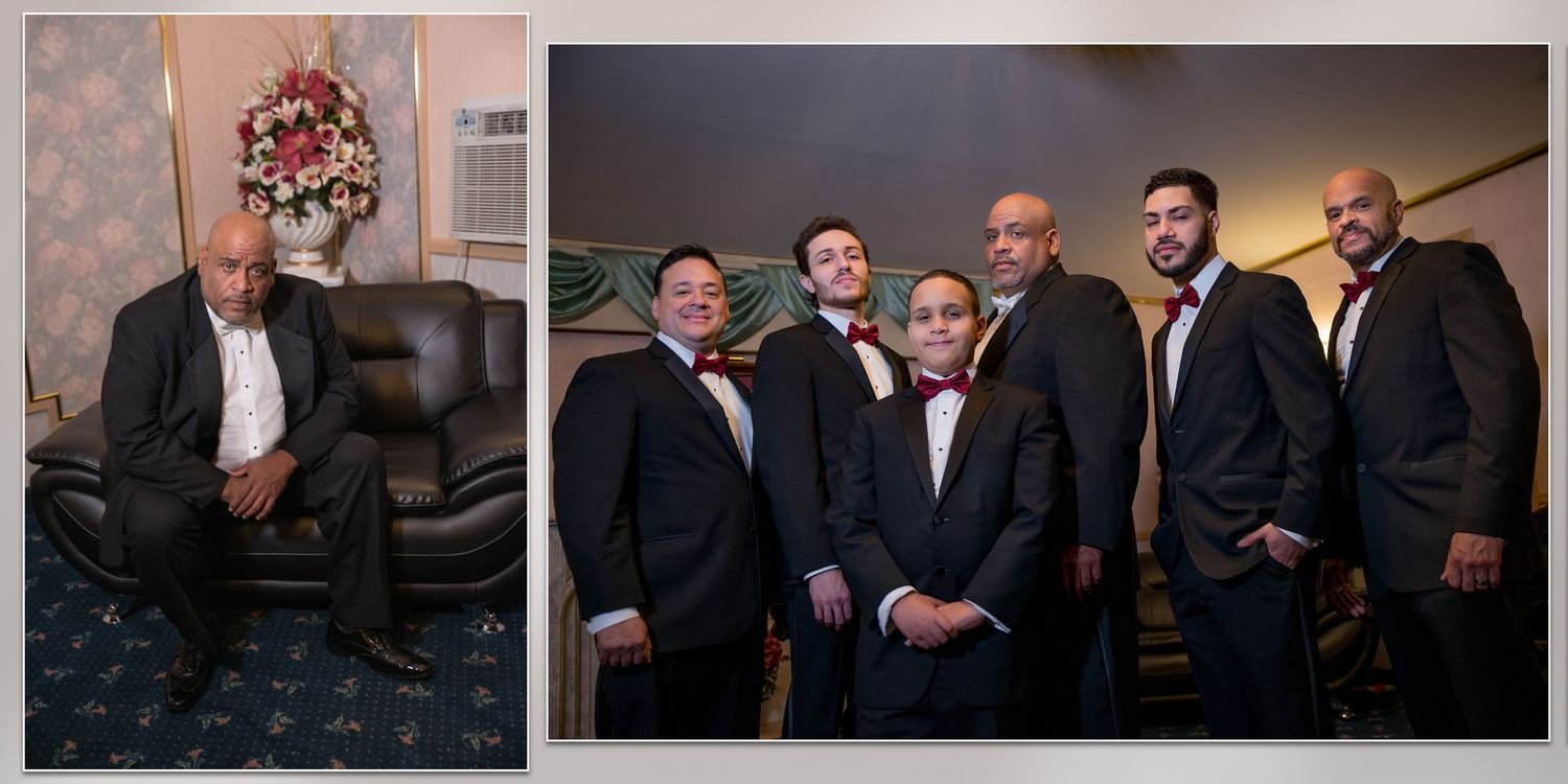 Group portrait of groomsmen dressed in formal suits during wedding day