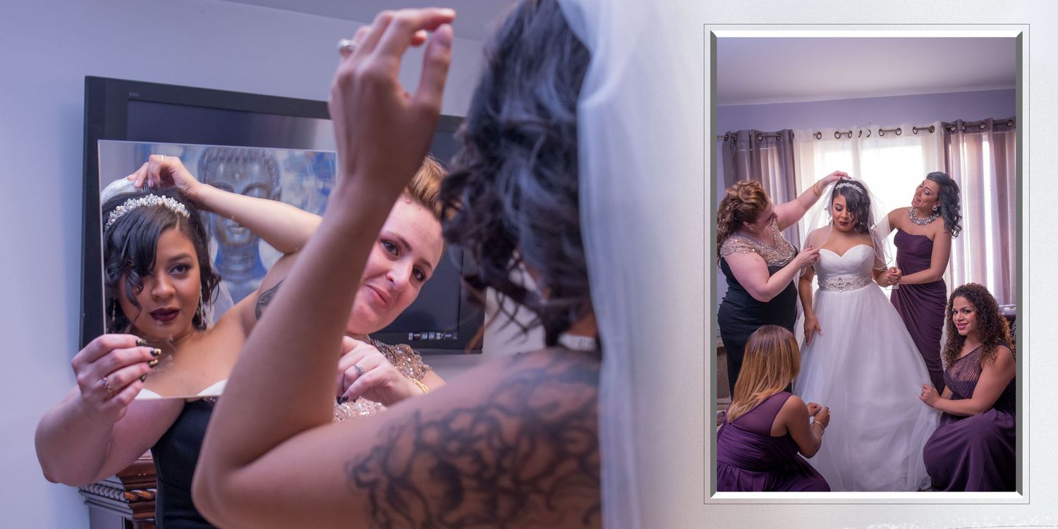 Bridesmaids preparing together in mirror during wedding morning