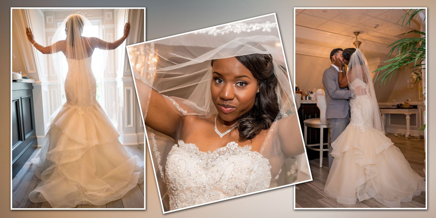Bride getting ready on wedding morning with veil and dress preparation moments