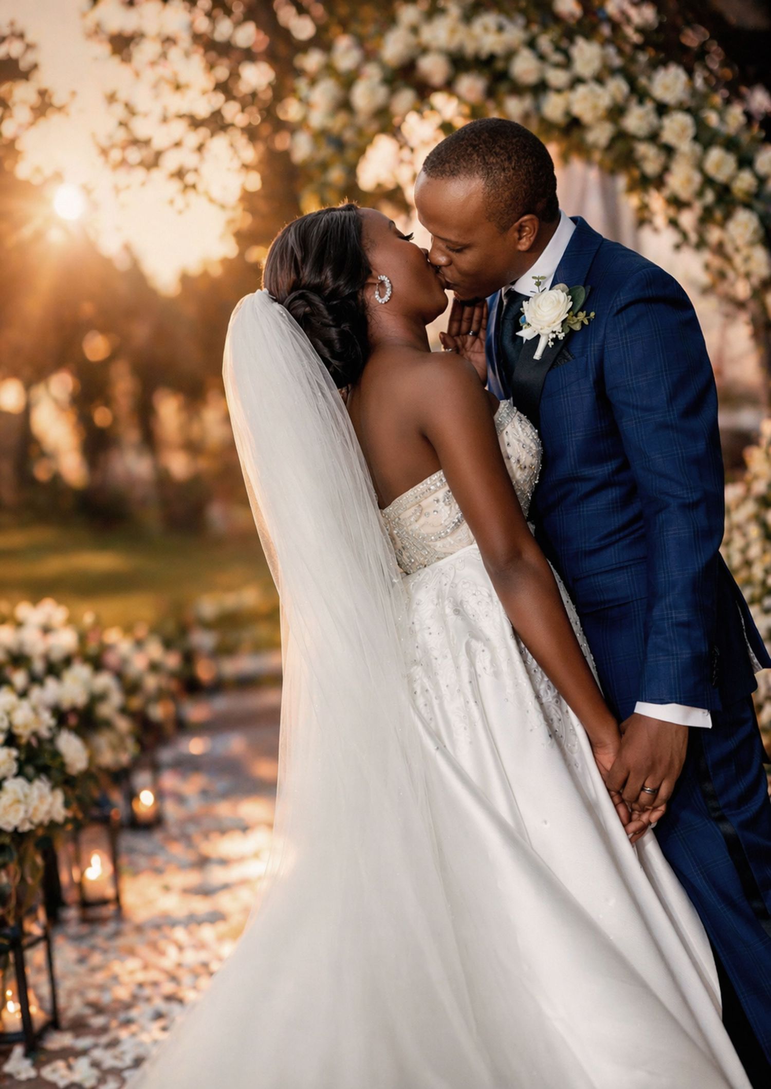 Bride and groom sharing a romantic kiss in warm golden light during wedding