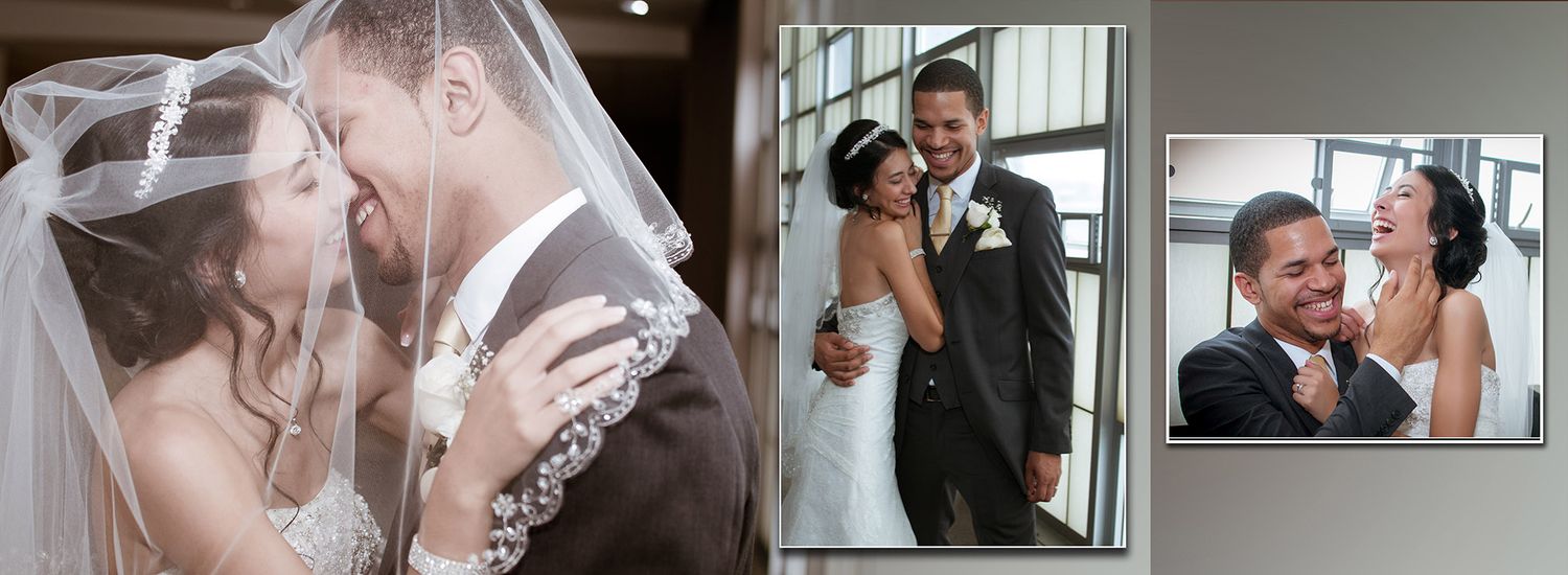 Bride and groom sharing a kiss under veil during wedding