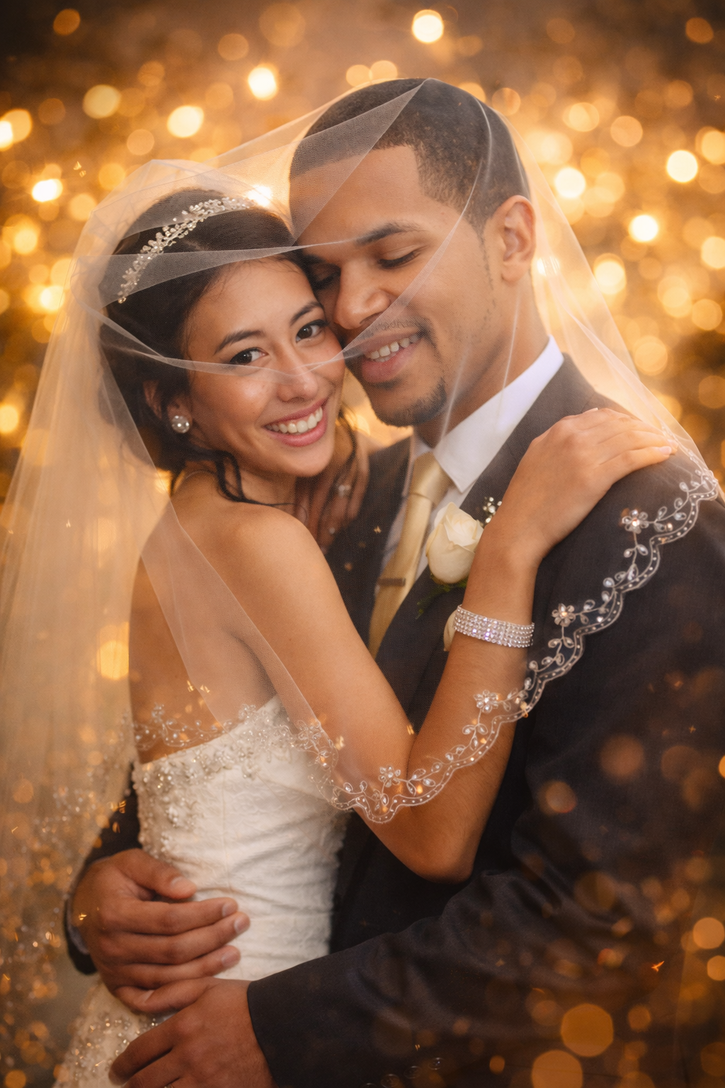 Elegant wedding portrait of a bride and groom embracing under a glowing veil with warm golden bokeh lights in the background, creating a sof